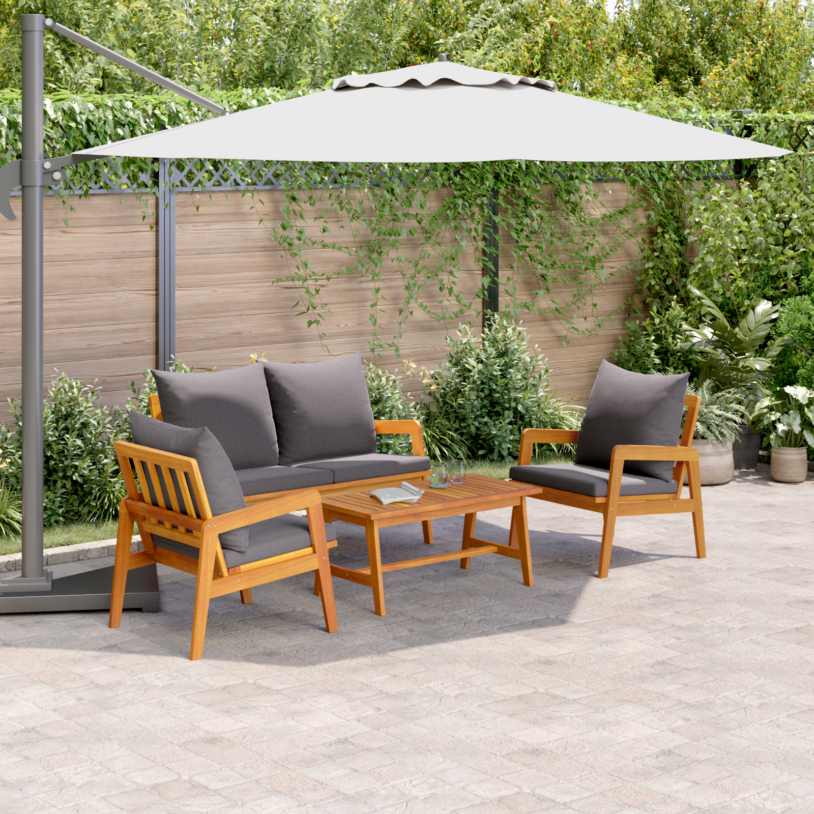 4 части бистро комплект с възглавници от масивна акациева дървесина - Image 4