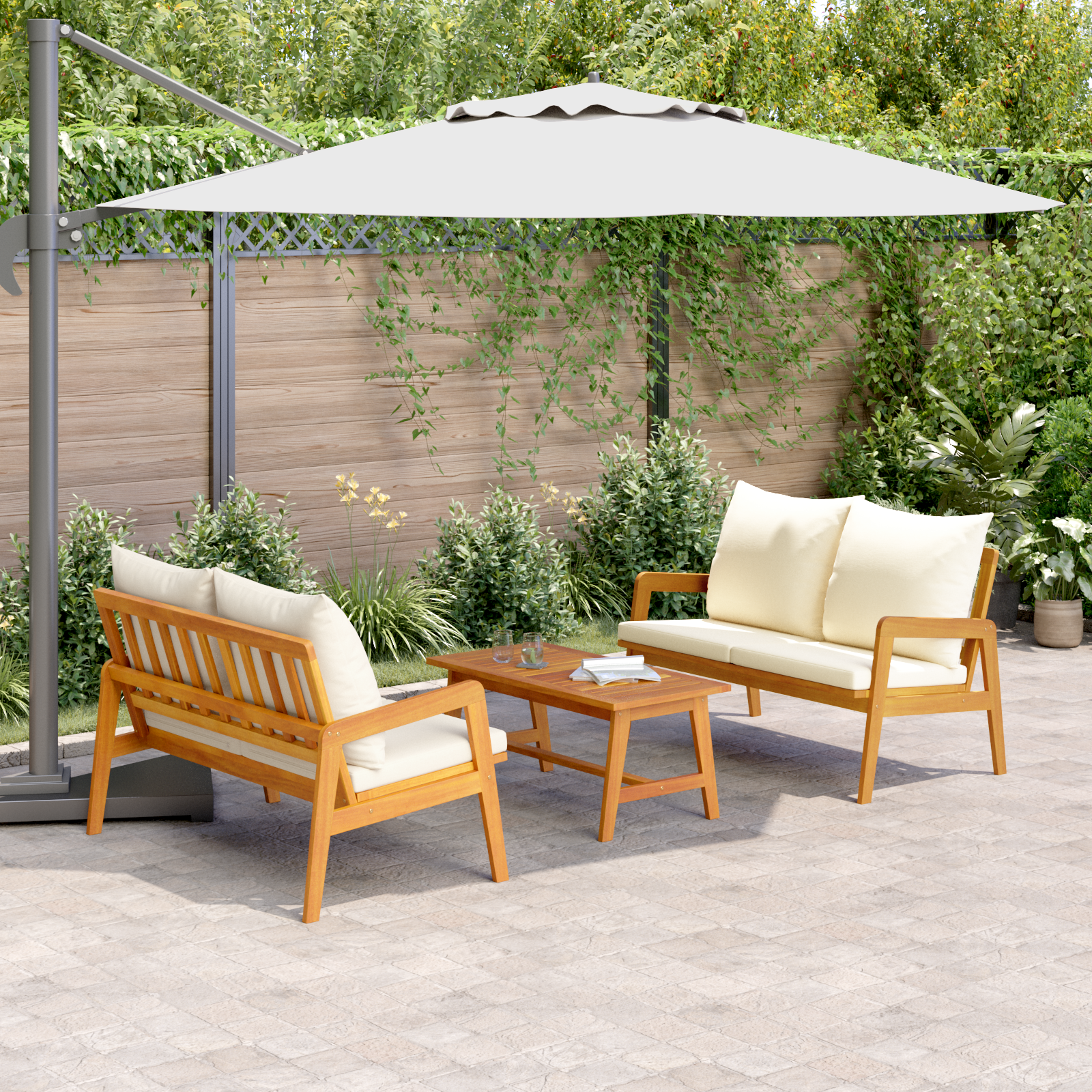 Комплект Бистро от 3 части с възглавнички от масивна акациева дървесина - Image 4