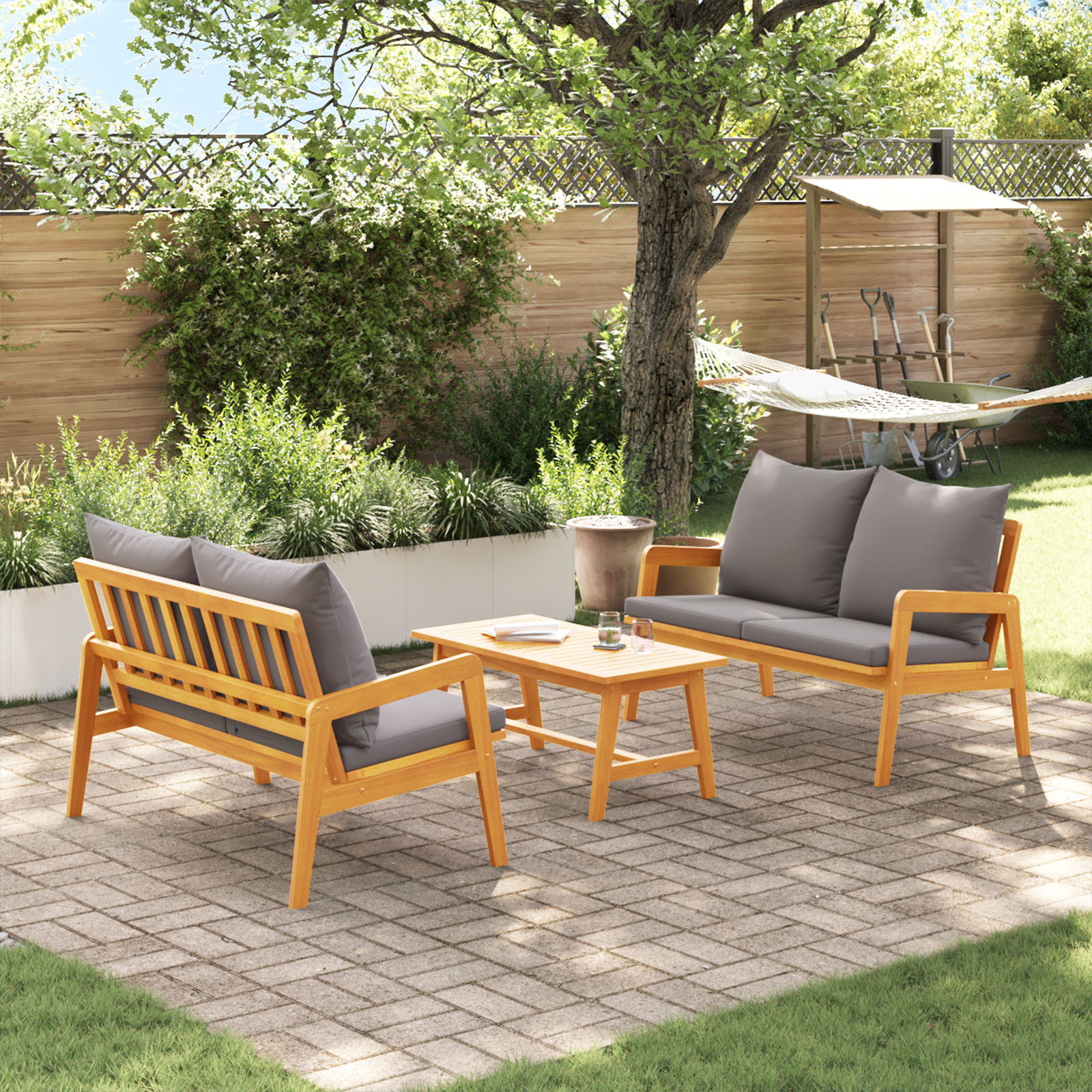 Комплект Bistro от 3 части с възглавници от масивна акациева дървесина