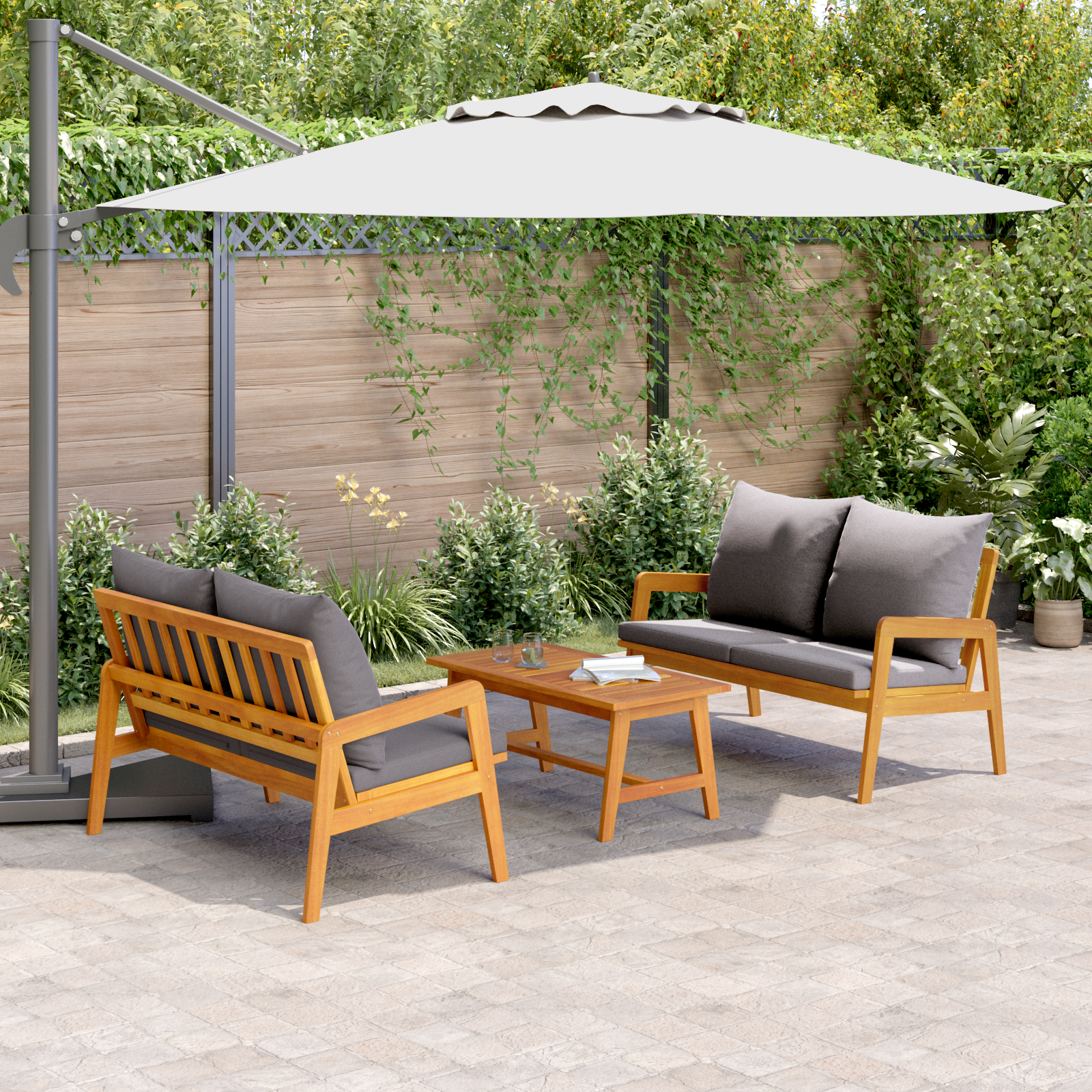 Комплект Bistro от 3 части с възглавници от масивна акациева дървесина - Image 4