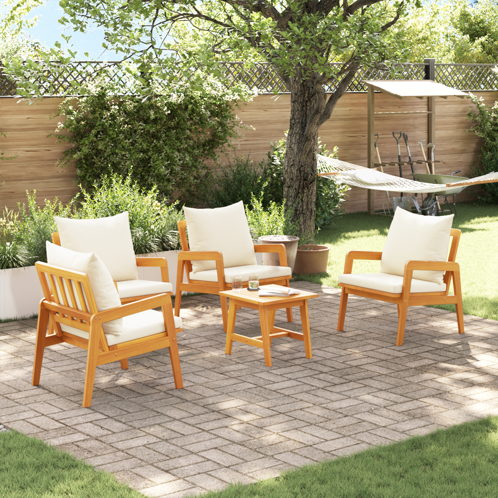 Комплект бюфет с 5 части с възглавнички от масивна акациева дървесина