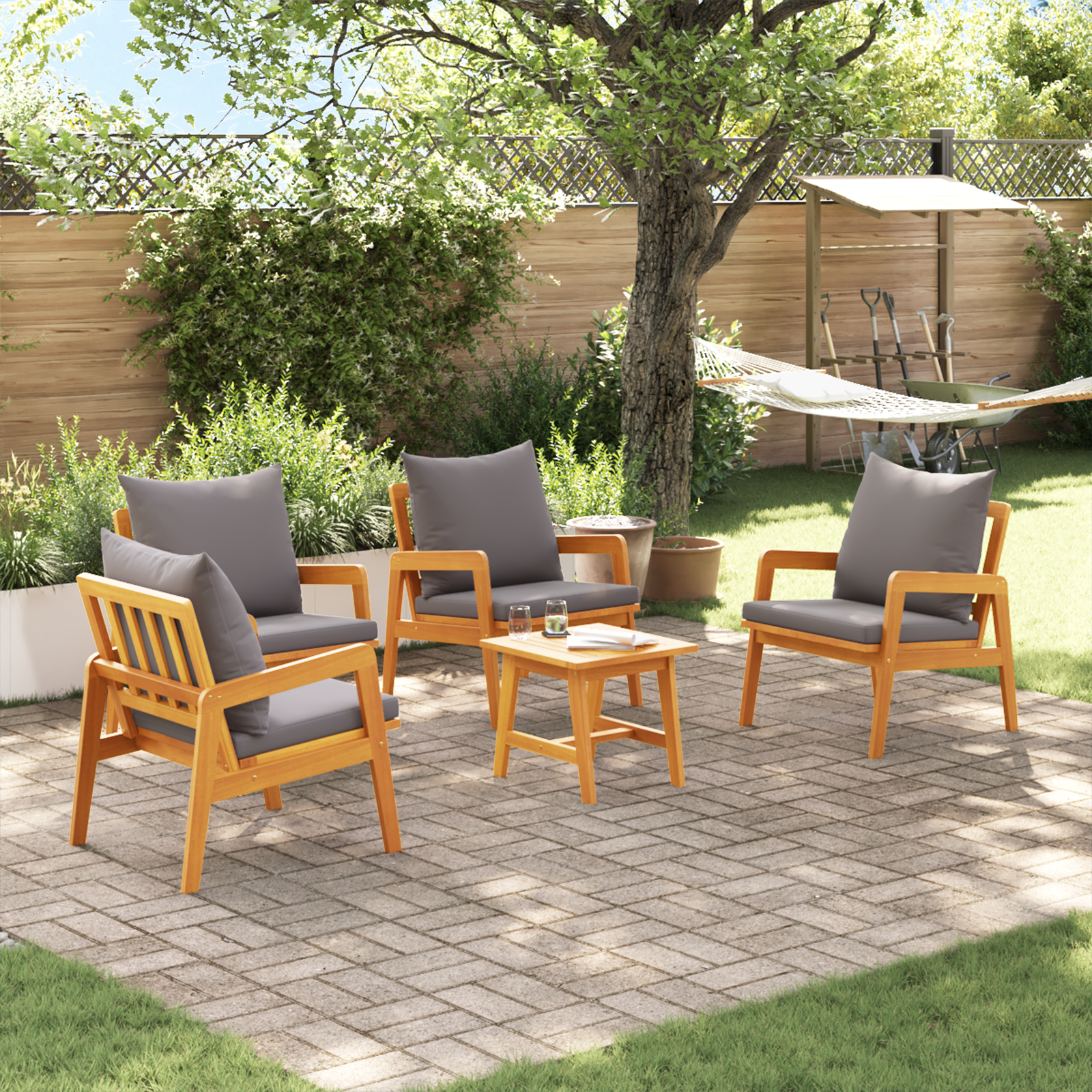 5 Частен Бистро Комплект с Възглавници от Масивна Акациева Дървесина