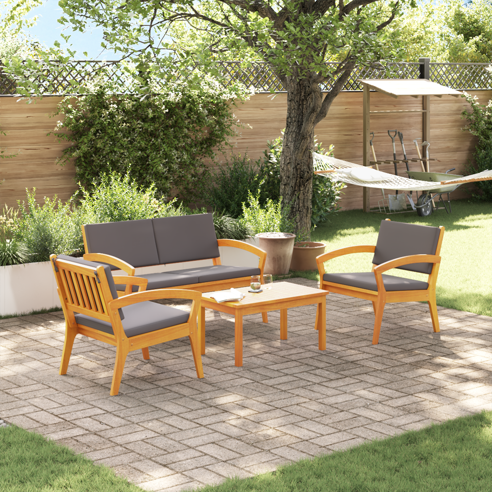 4-delige Bistro Set met Kussens – Massief Acaciahout