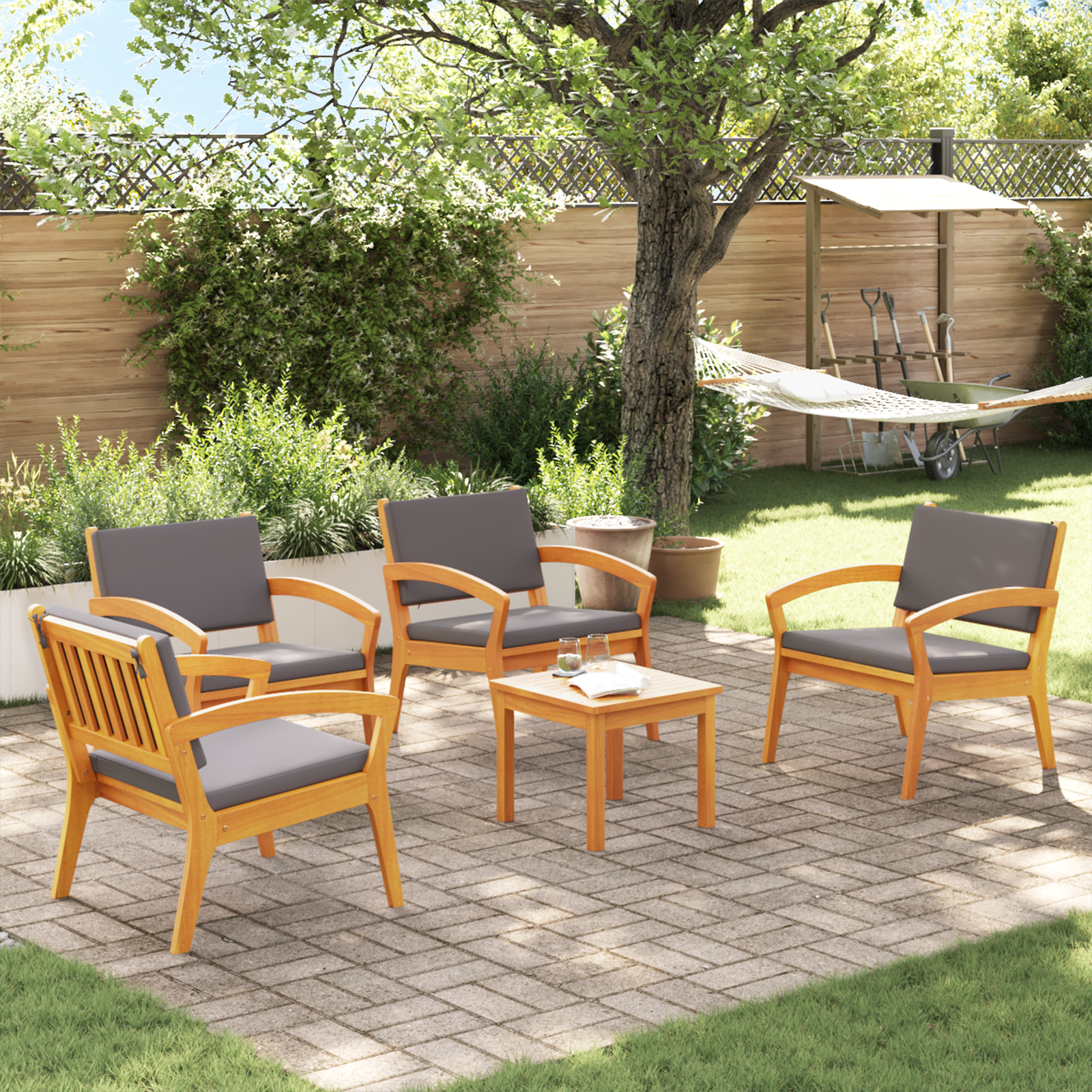5-delige bistro set met kussens – Massief acaciahout