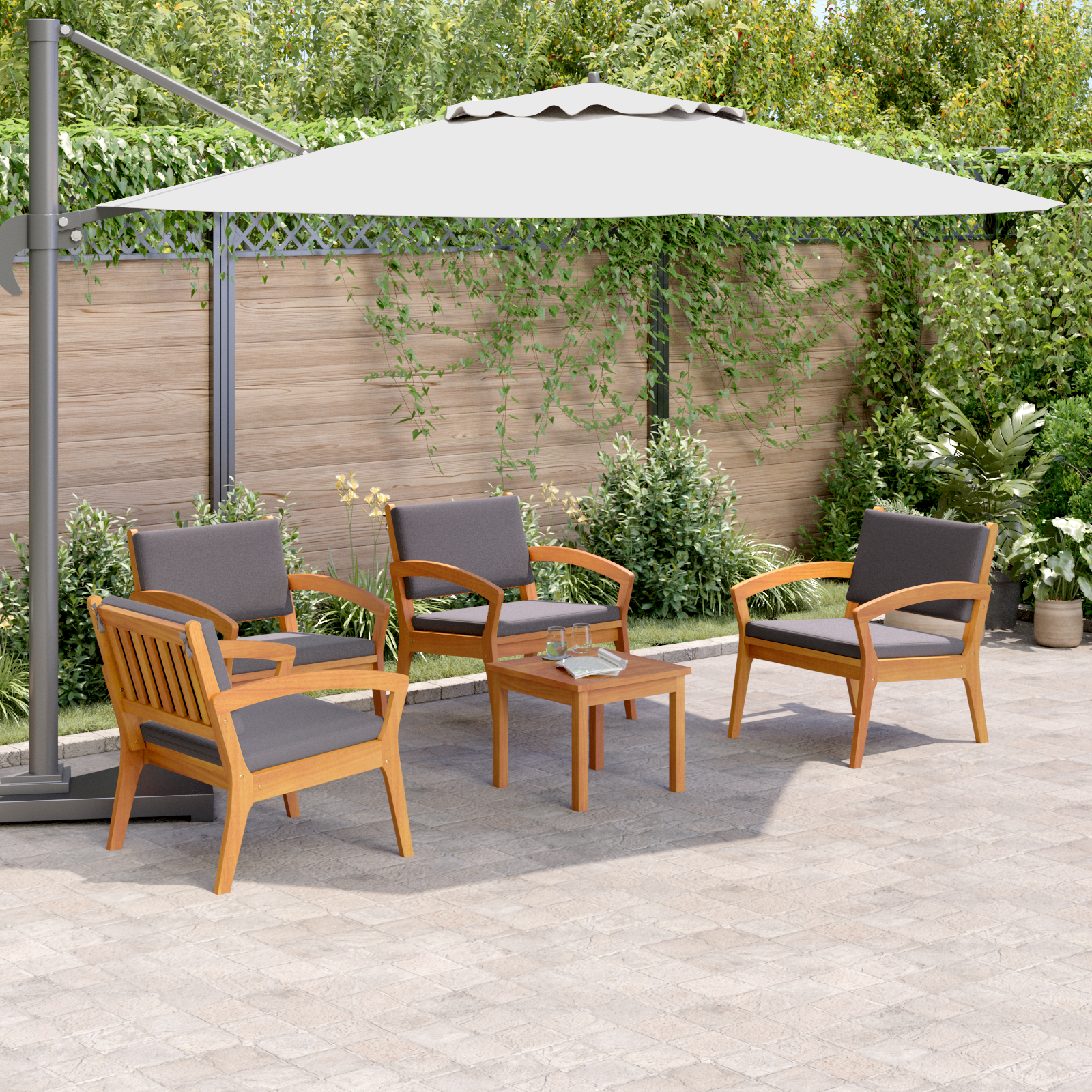 5-Piece Bistro Set with Cushions - Solid Acacia Wood - Image 4