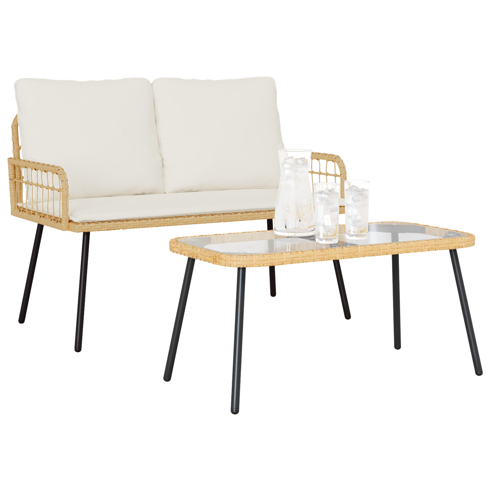 2 Piece Garden Dining Set with Cushions Natural Poly Rattan - Image 3