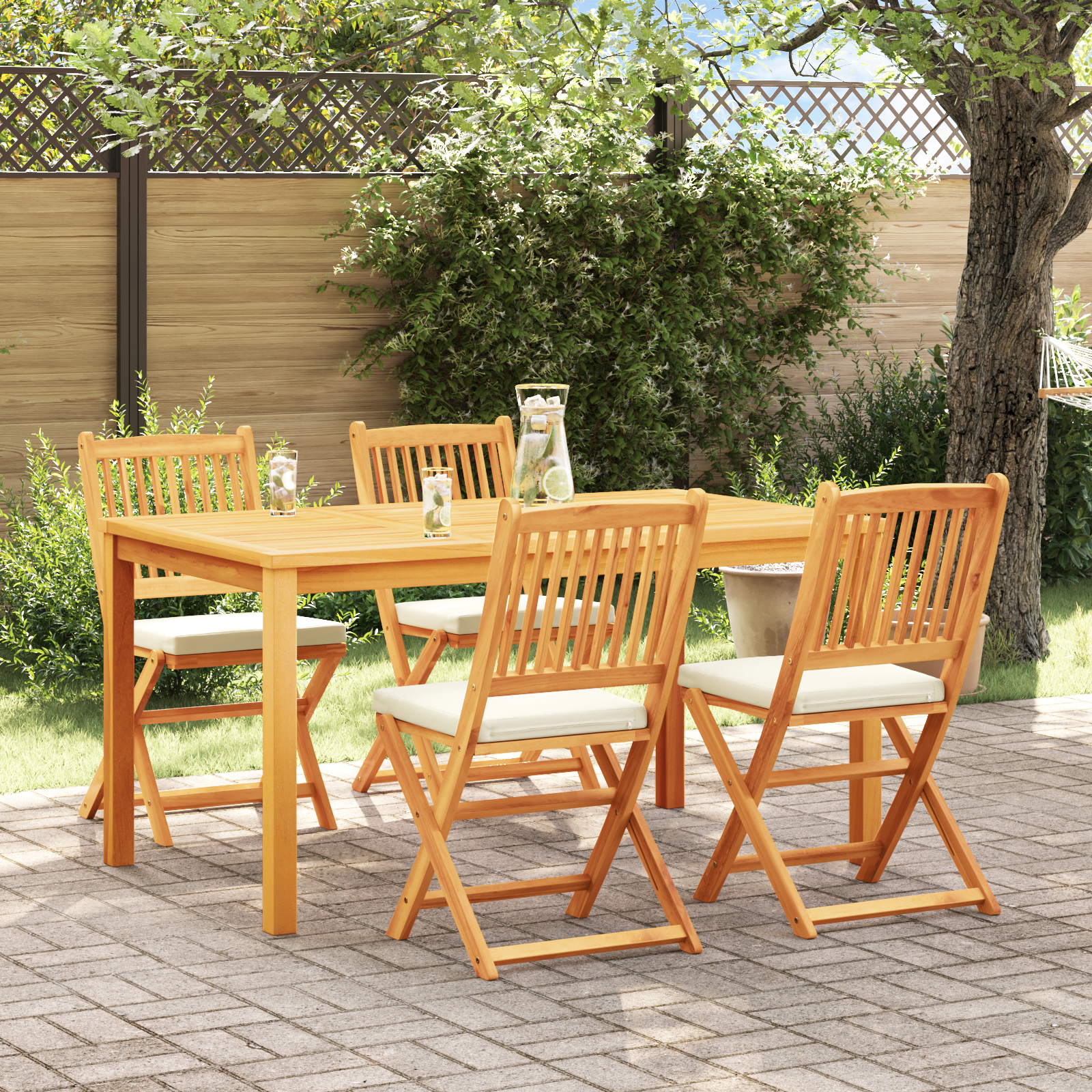 Folding Garden Chairs with White Cushion 4pcs Solid Acacia Wood