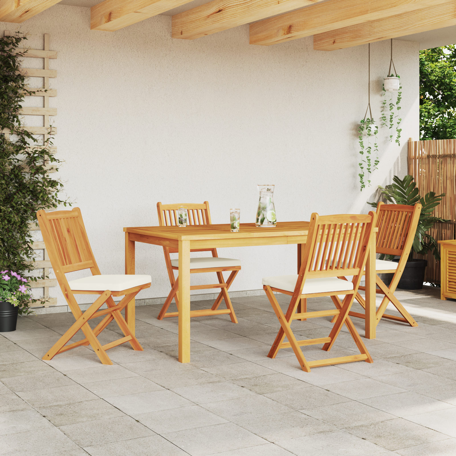 Folding Garden Chairs with White Cushion 4pcs Solid Acacia Wood - Image 3