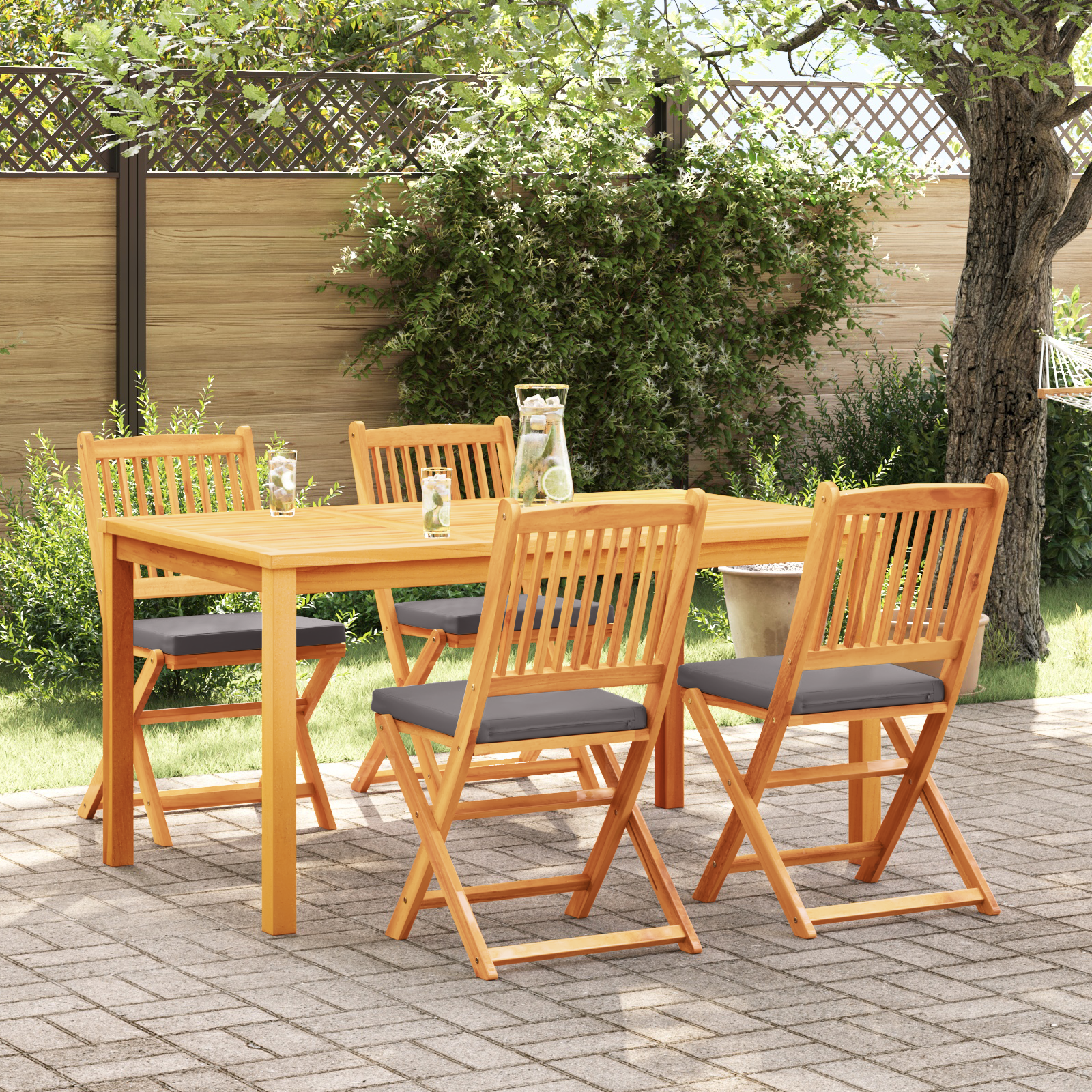 Folding Garden Chairs with Grey Cushion 4pcs Solid Acacia Wood