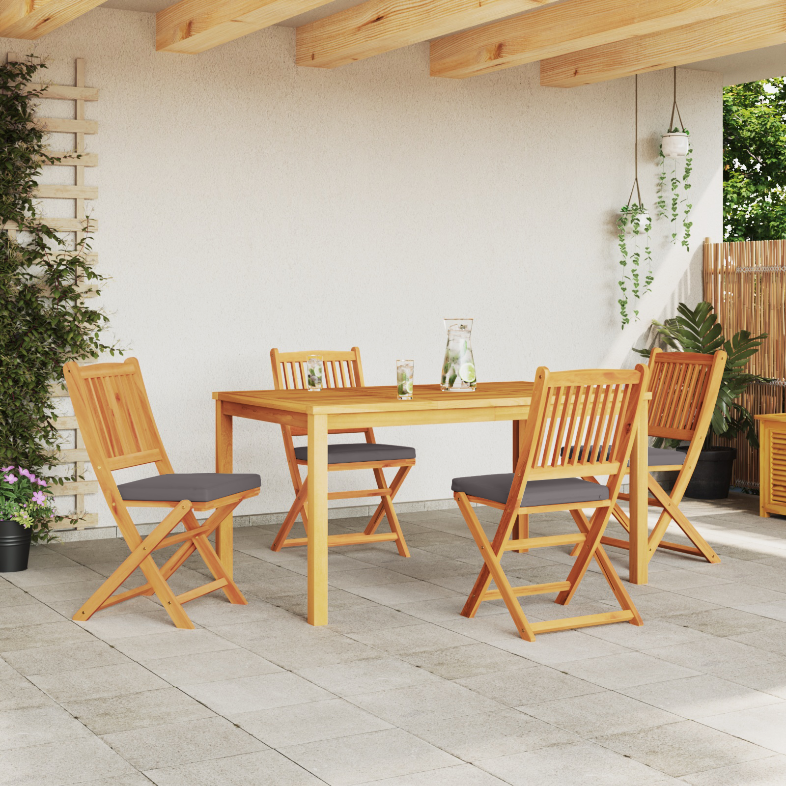 Folding Garden Chairs with Grey Cushion 4pcs Solid Acacia Wood - Image 3