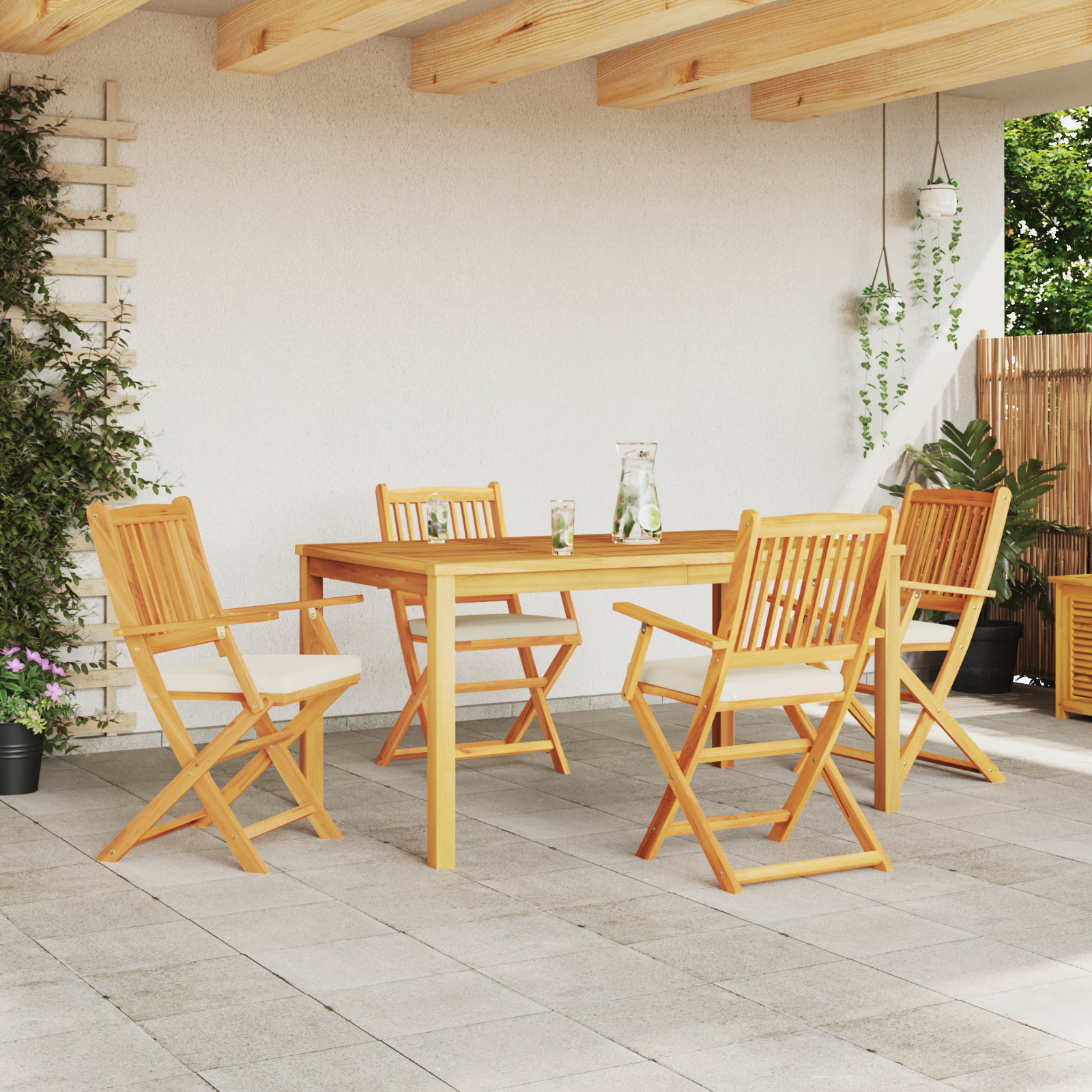 Folding Garden Chairs with White Cushion 4pcs Solid Acacia Wood - Image 3