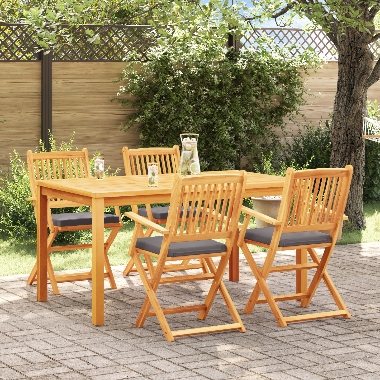 Folding Garden Chairs with Grey Cushion 4pcs Solid Acacia Wood