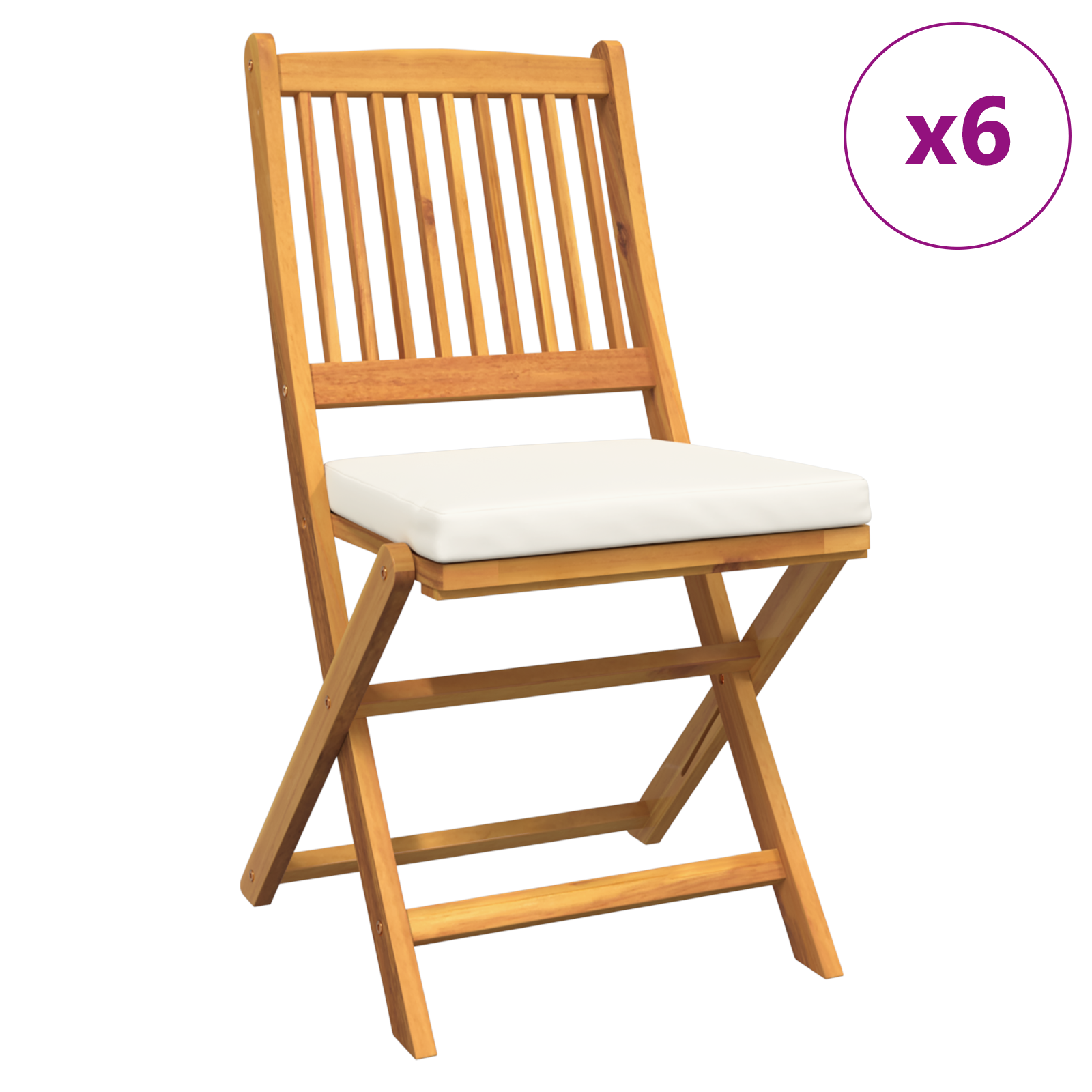 Folding Garden Chairs with White Cushion 6pcs Solid Acacia Wood - Image 2