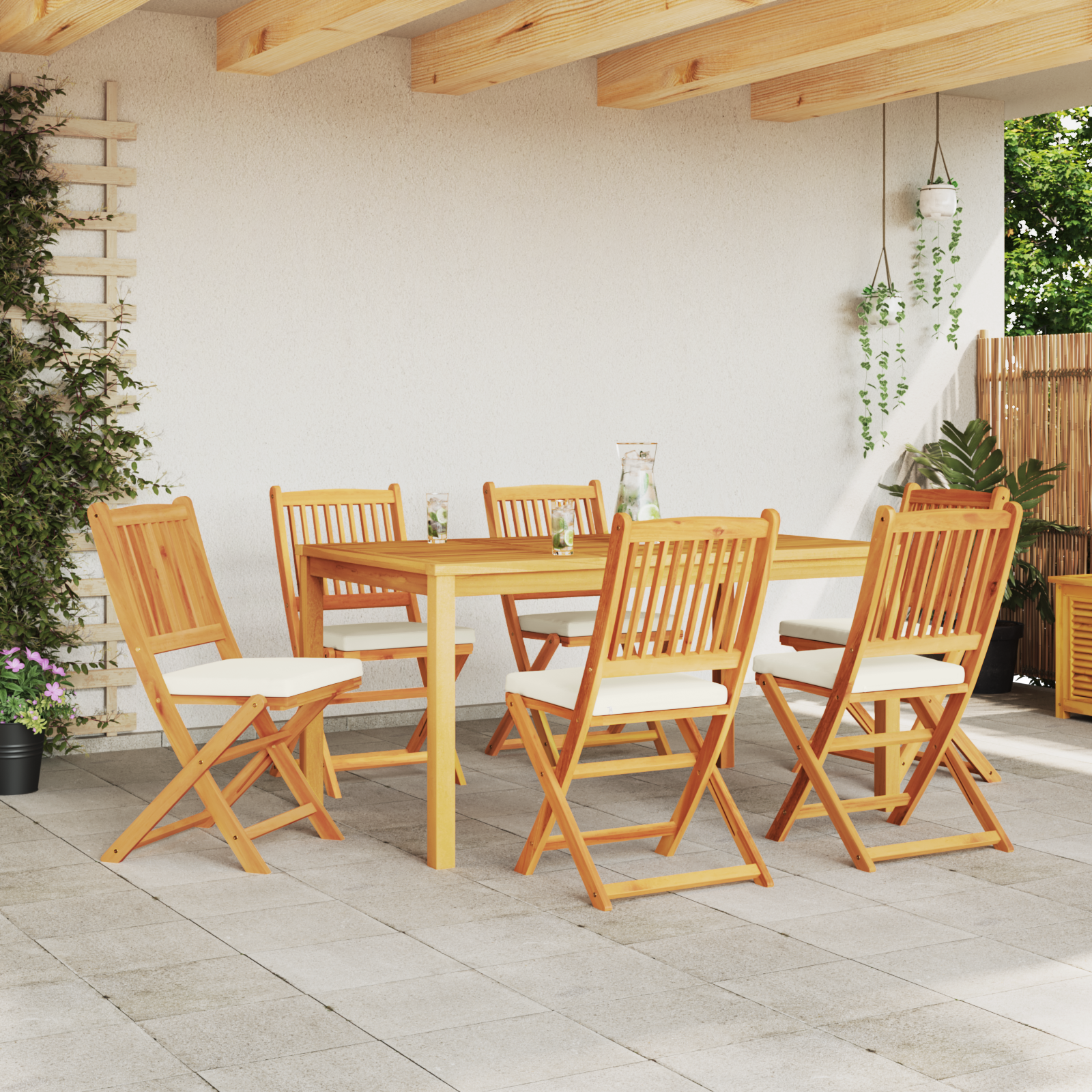Folding Garden Chairs with White Cushion 6pcs Solid Acacia Wood - Image 3