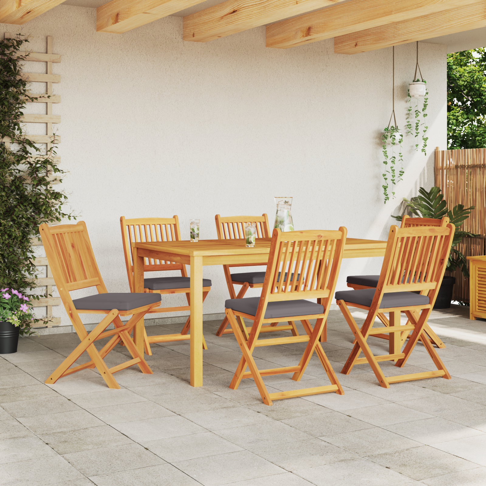 Folding Garden Chairs with Grey Cushion 6pcs Solid Acacia Wood - Image 3