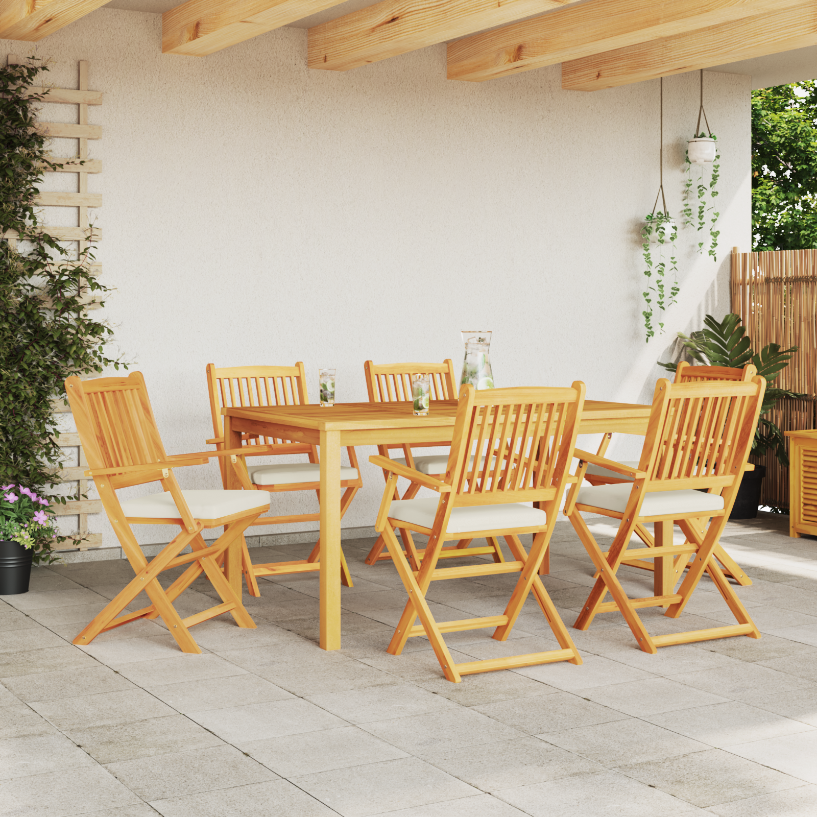 Folding Garden Chairs with White Cushion 6pcs Solid Acacia Wood - Image 3