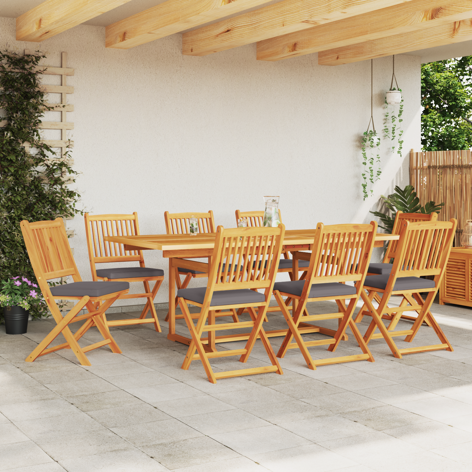 Folding Garden Chairs with Grey Cushion 8pcs Solid Acacia Wood - Image 3