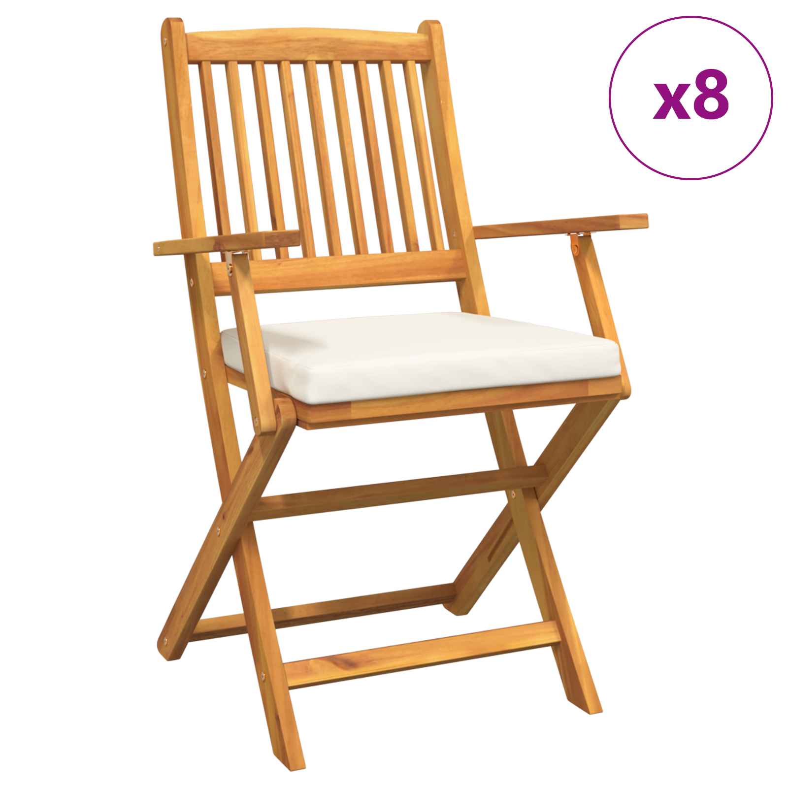 Folding Garden Chairs with White Cushion 8pcs Solid Acacia Wood - Image 2