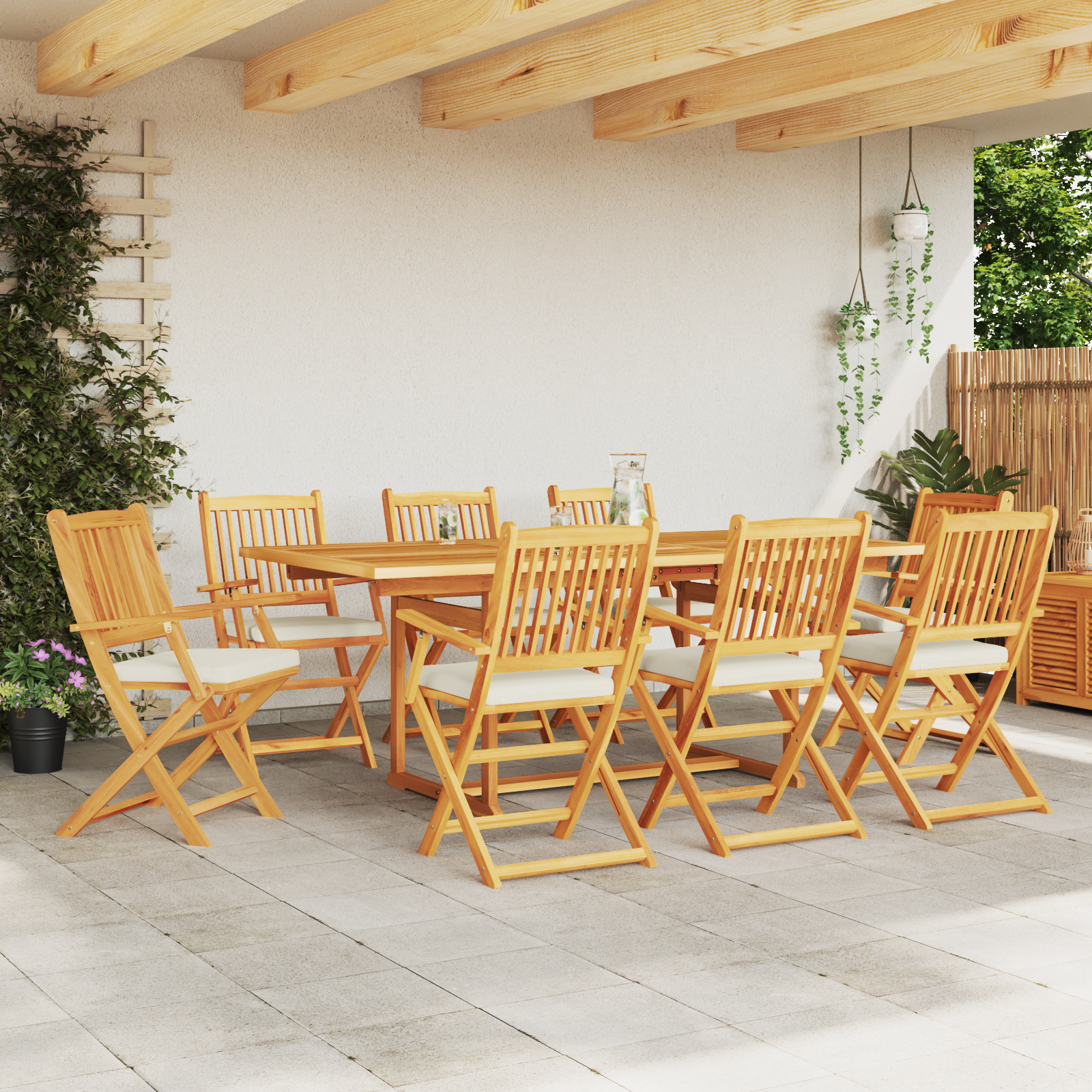 Folding Garden Chairs with White Cushion 8pcs Solid Acacia Wood - Image 3