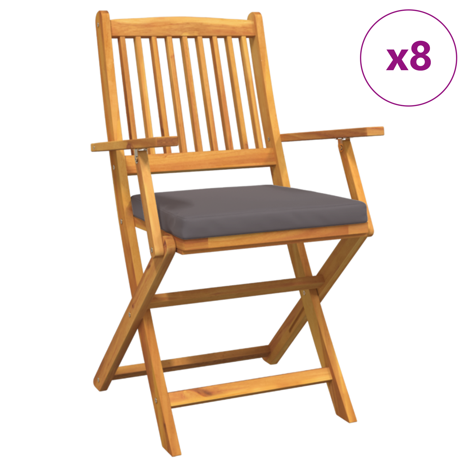 Folding Garden Chairs with Grey Cushion 8pcs Solid Acacia Wood - Image 2