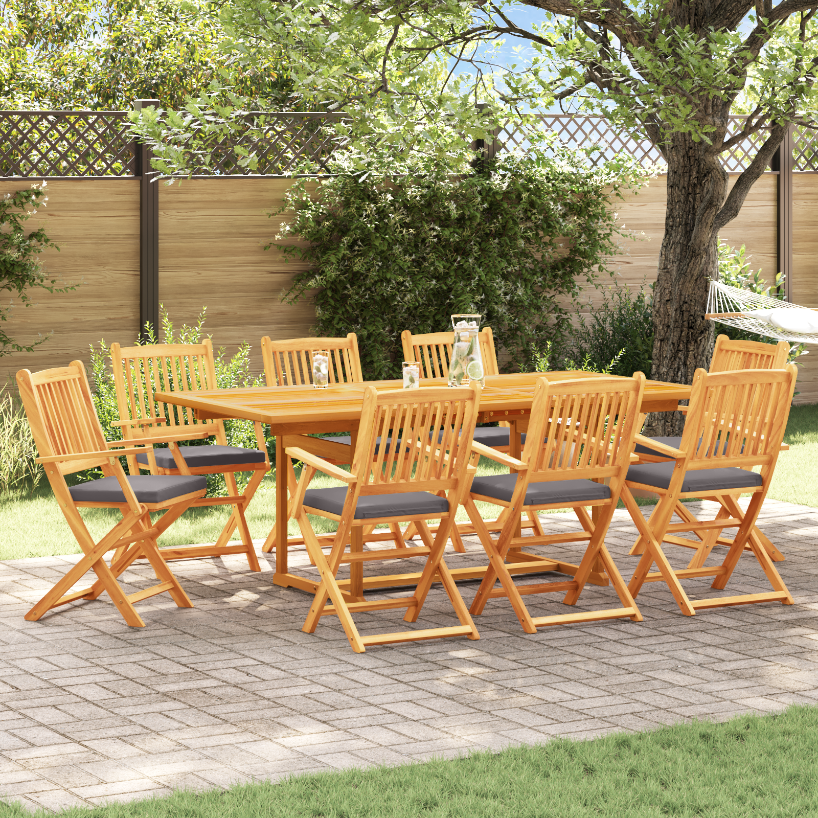 Folding Garden Chairs with Grey Cushion 8pcs Solid Acacia Wood