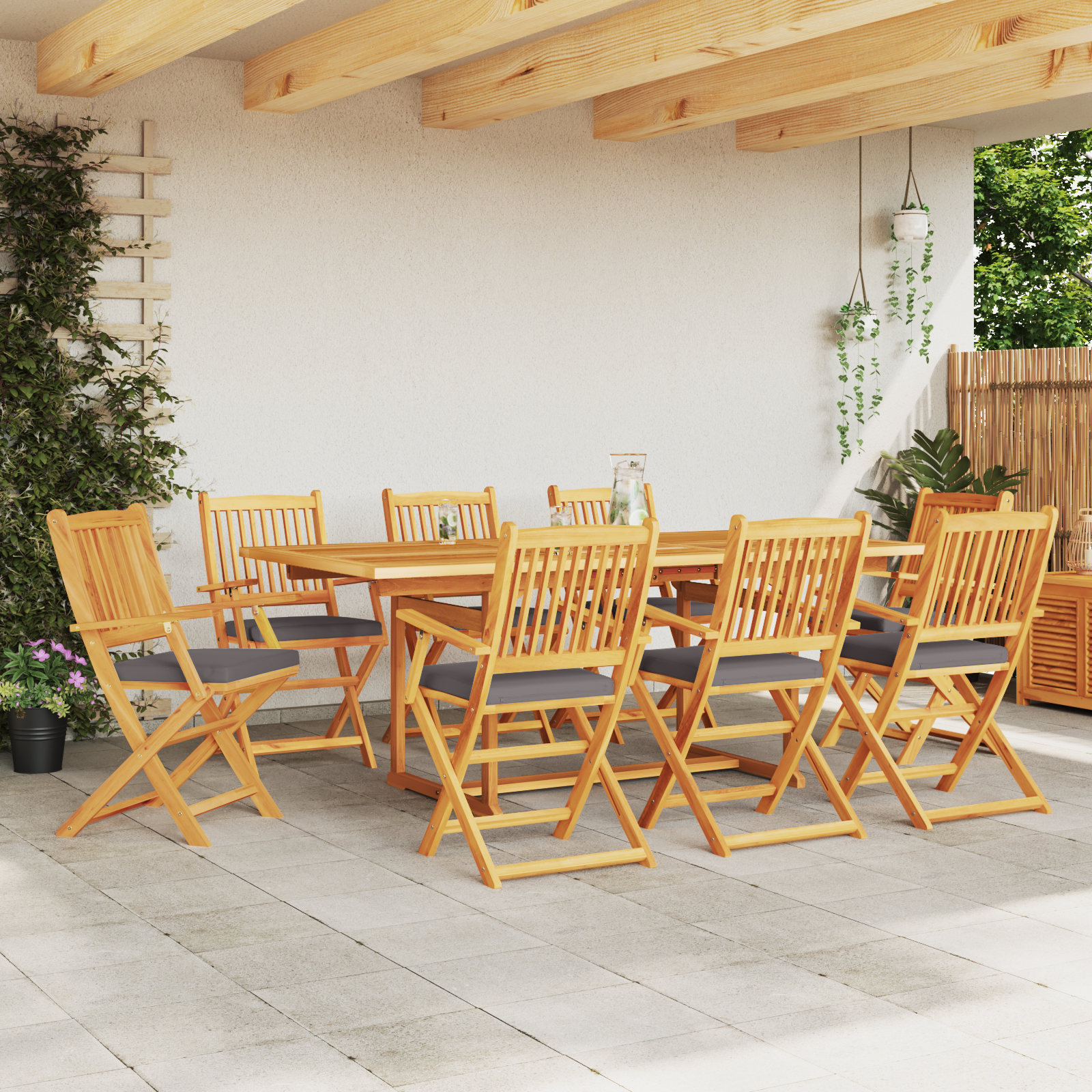 Folding Garden Chairs with Grey Cushion 8pcs Solid Acacia Wood - Image 3