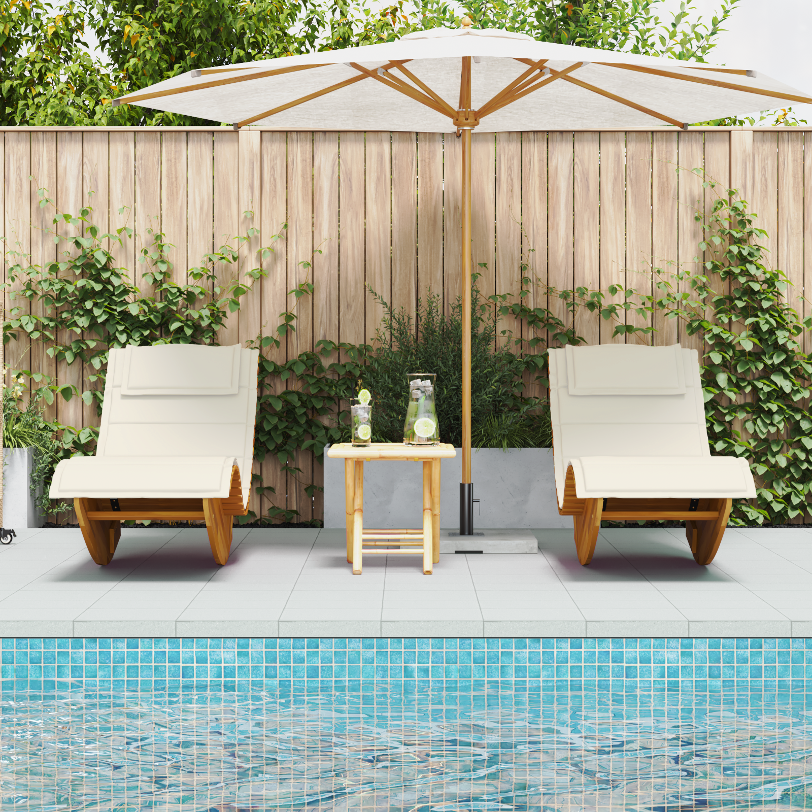 Sun Lounger Set of 2 Cream, Natural Wood - Image 3