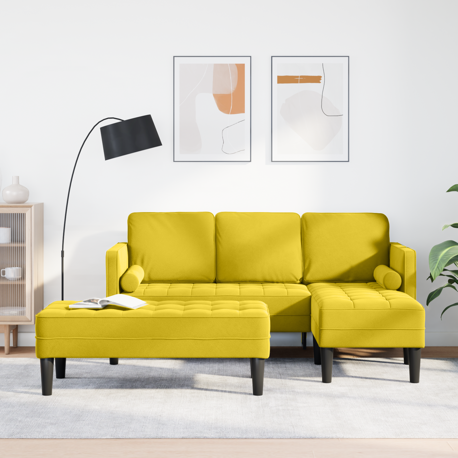 Garden Sofa with Bench and Cushions L-Shaped Yellow Velvet