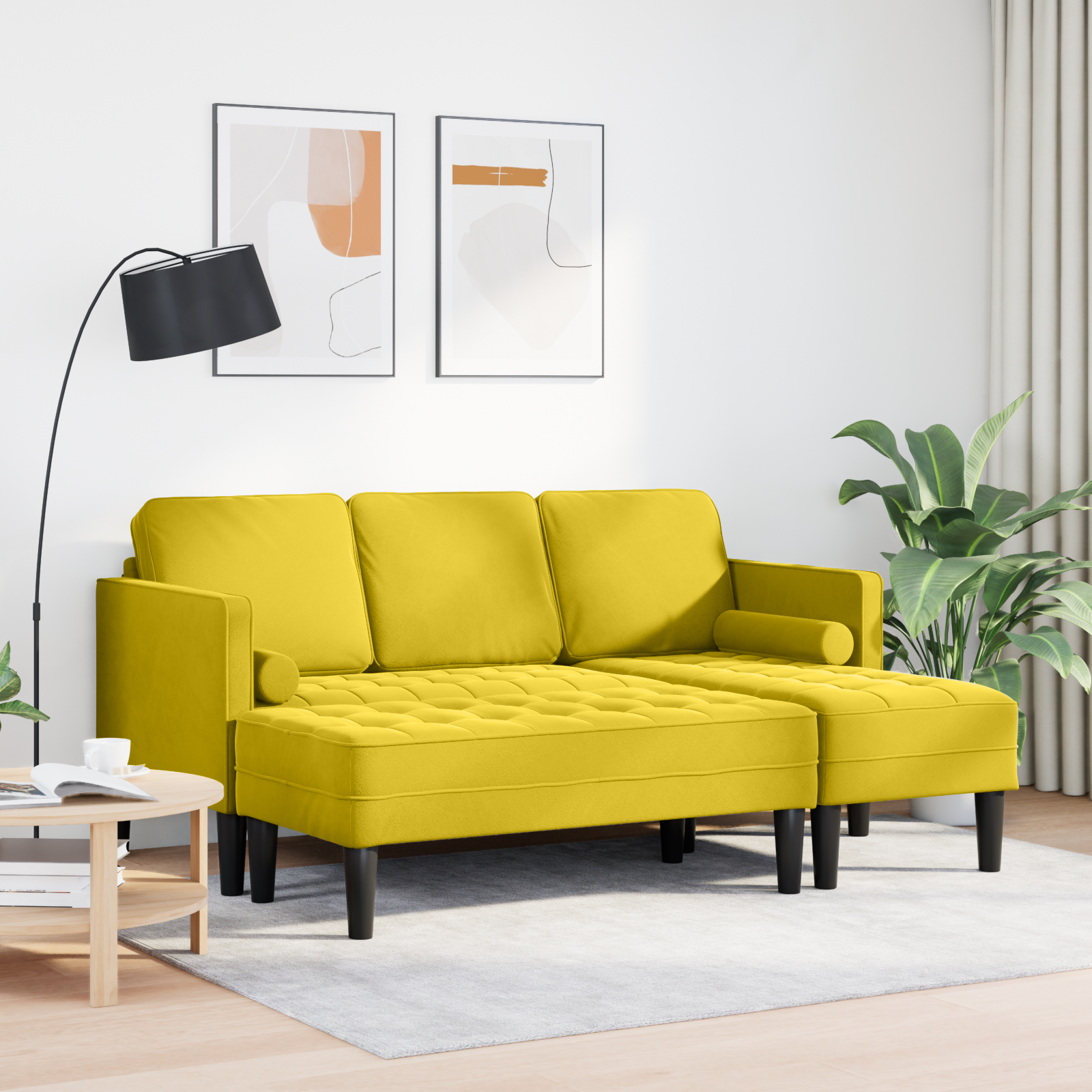Garden Sofa with Bench and Cushions L-Shaped Yellow Velvet - Image 3