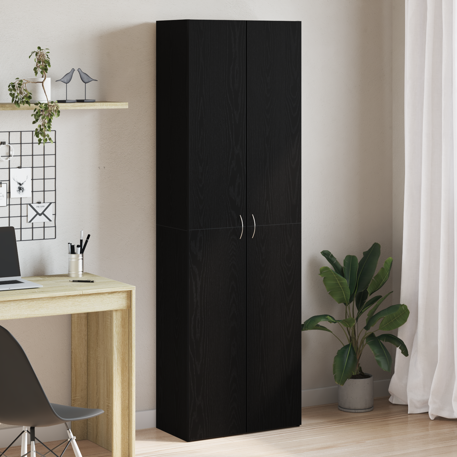 vidaXL Dulap de birou Negru Stejar 60 x 32 x 190 cm, făcut din lemn stratificat.