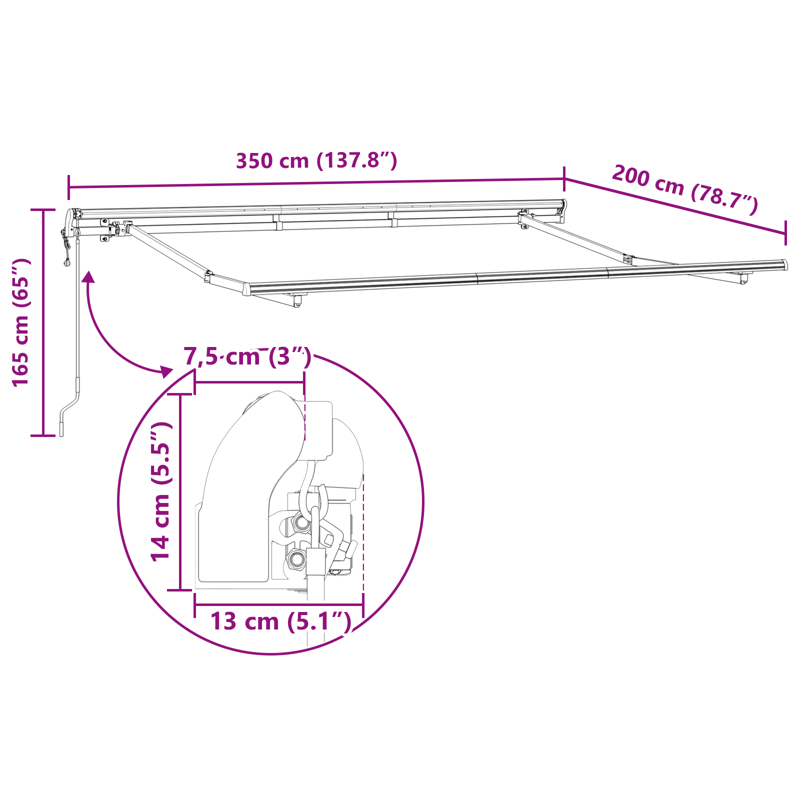 Inklapbaar Zonnescherm Antraciet 350 x 200 cm Stof