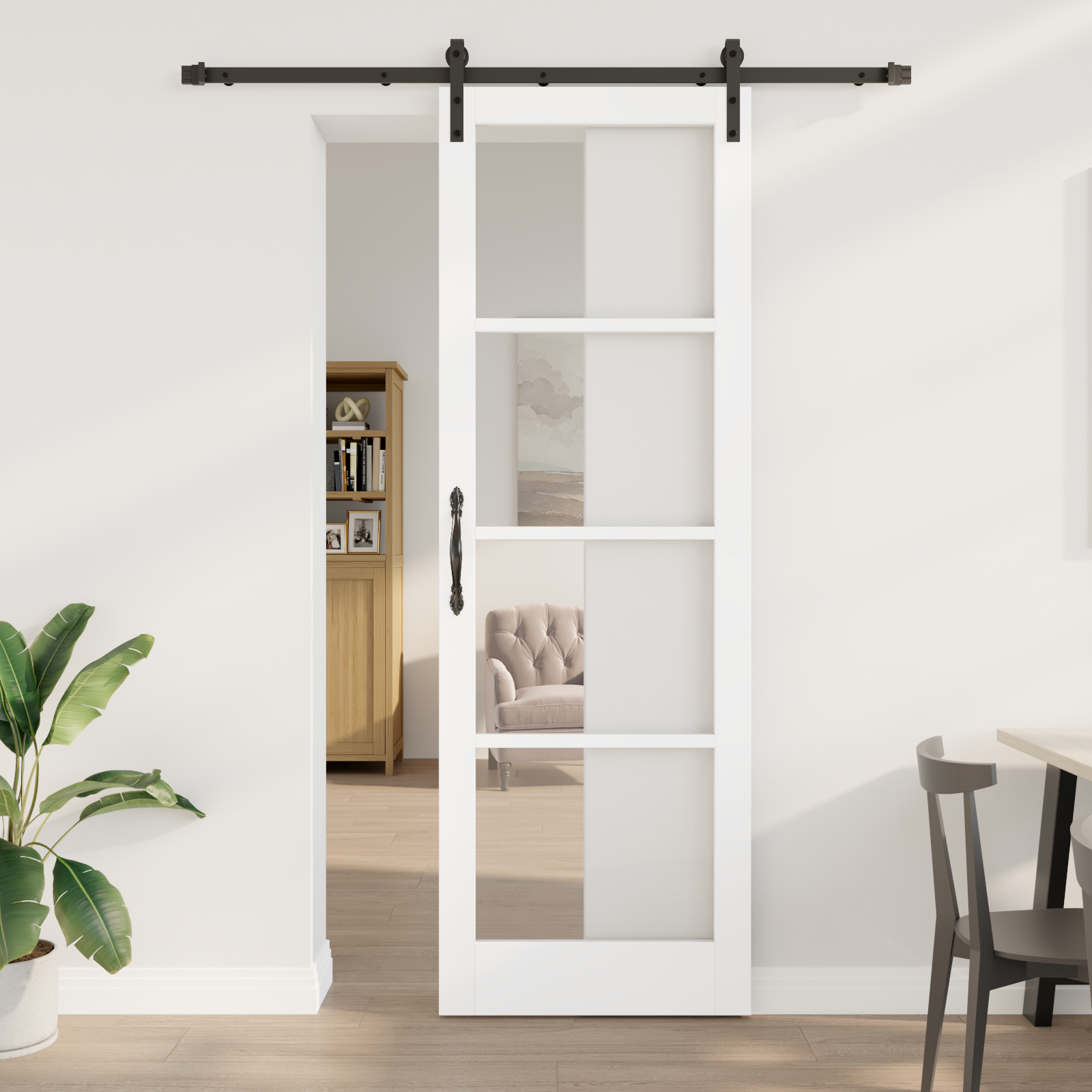 Sliding Door with Hardware Set 'ORKDAL'White Solid Wood & Glass