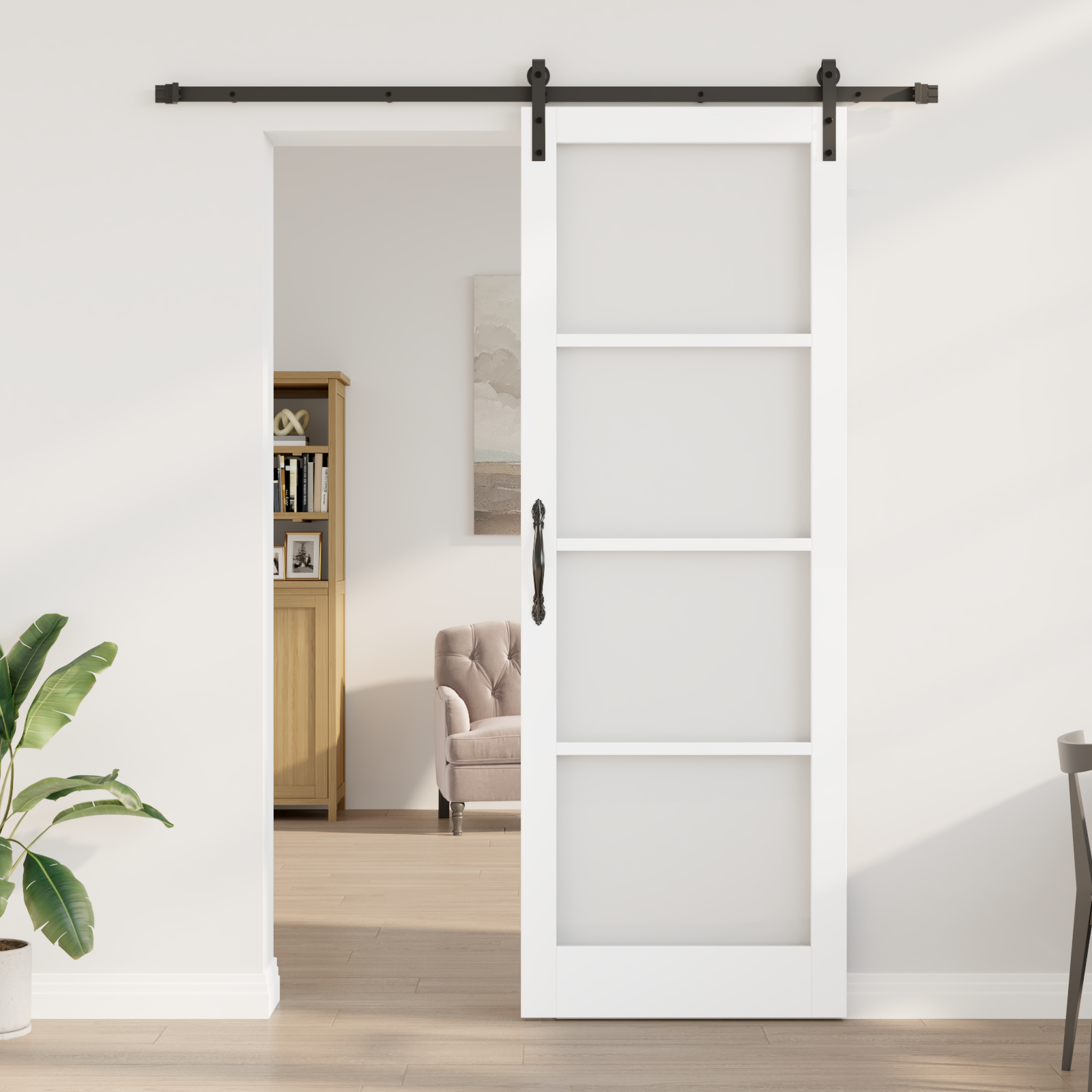 Sliding Door with Hardware Set "ORKDAL" White Solid Wood & Glass - Image 3