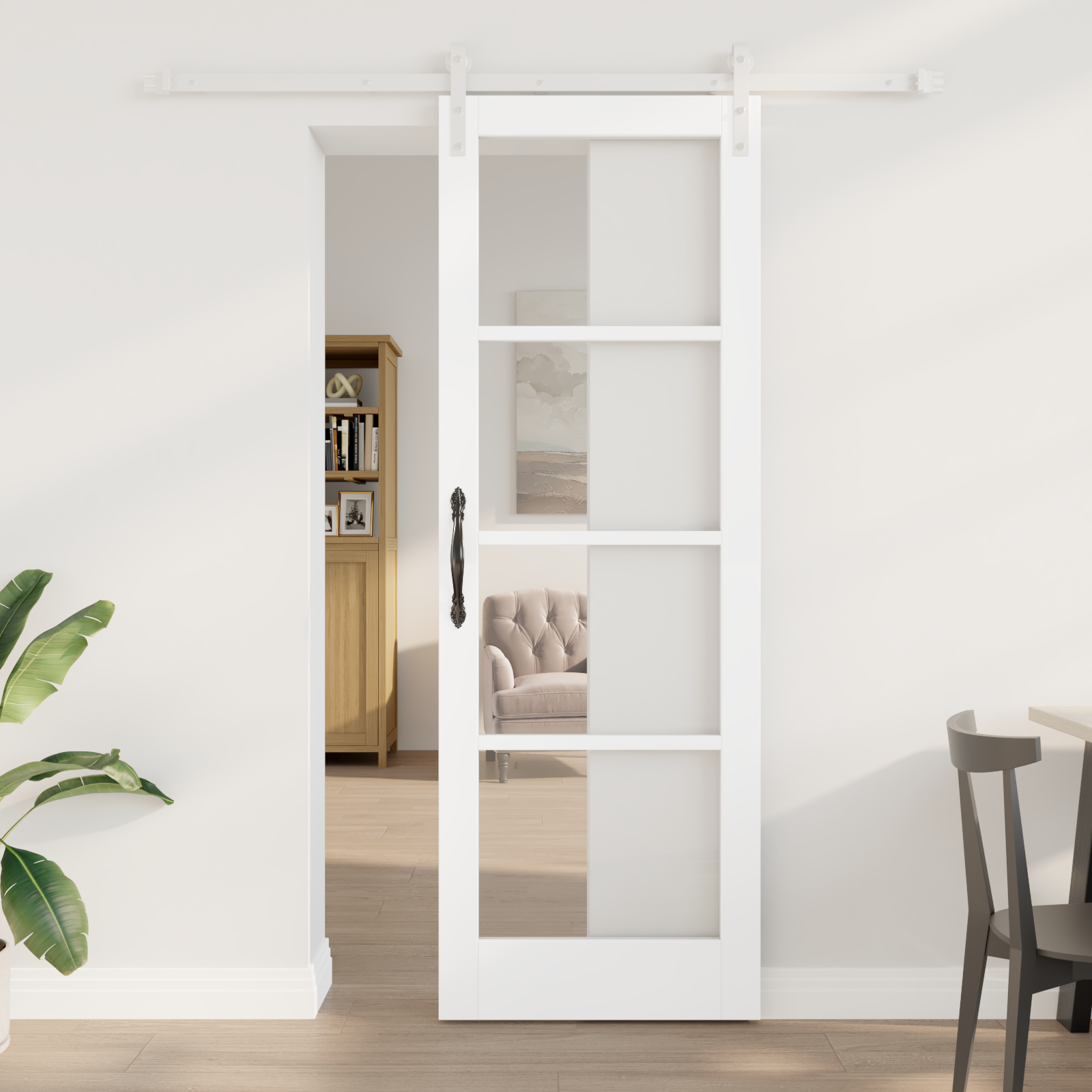 Sliding Door with Hardware Set "ORKDAL" White Solid Wood & Glass