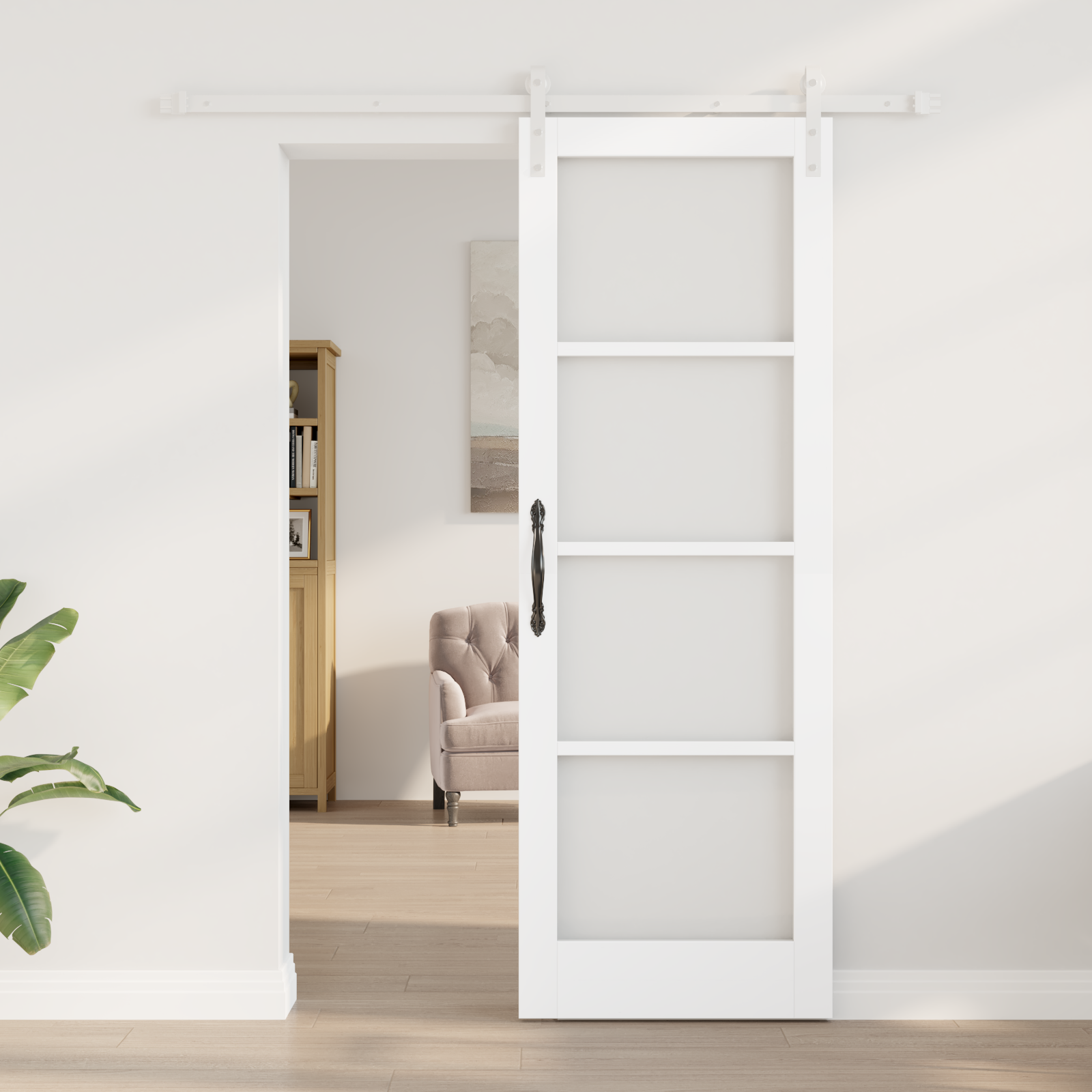 Sliding Door with Hardware Set "ORKDAL" White Solid Wood & Glass - Image 3