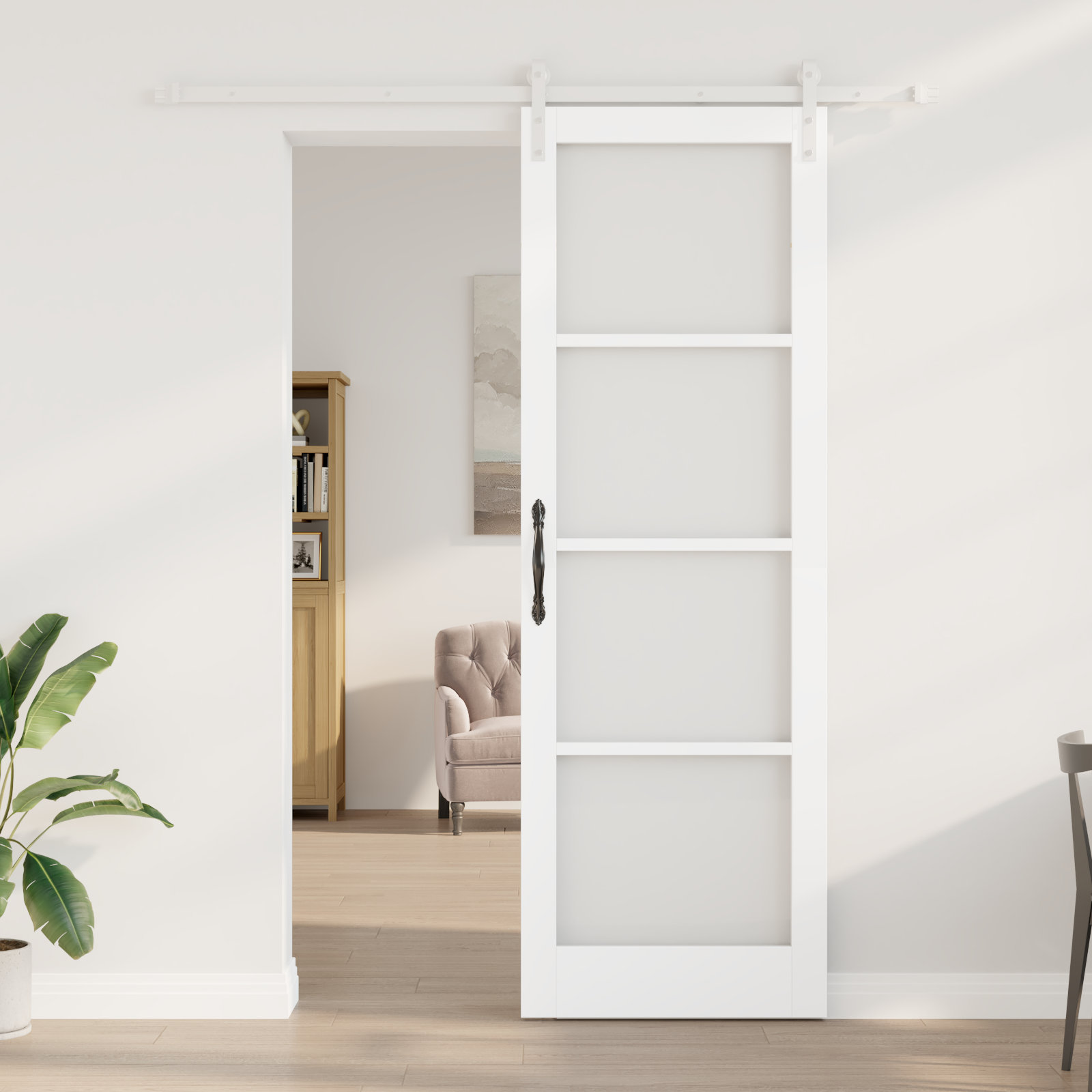 Sliding Door with Hardware Set "ORKDAL" White Solid Wood & Glass - Image 3