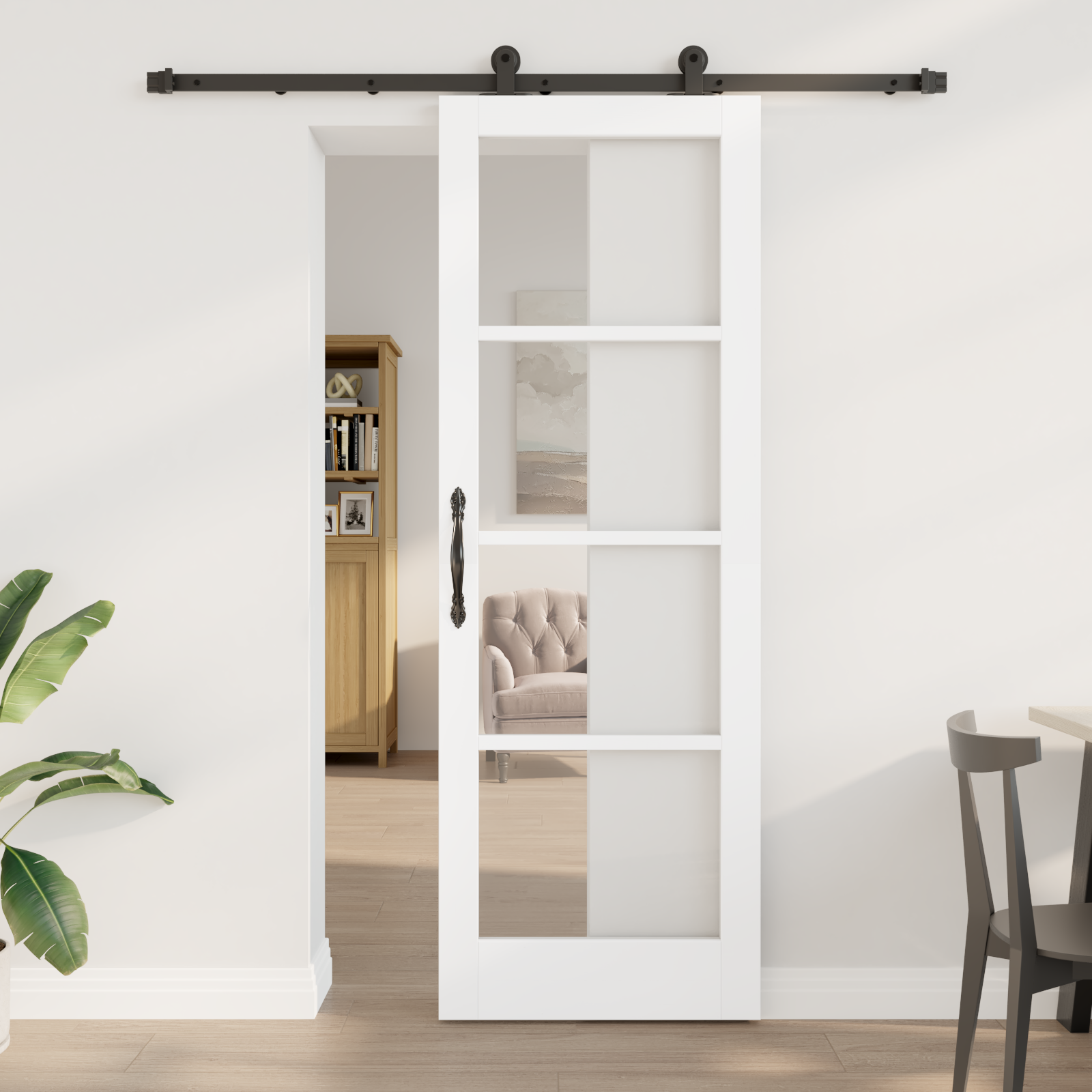Sliding Door with Hardware Set 'ORKDAL'White Solid Wood & Glass
