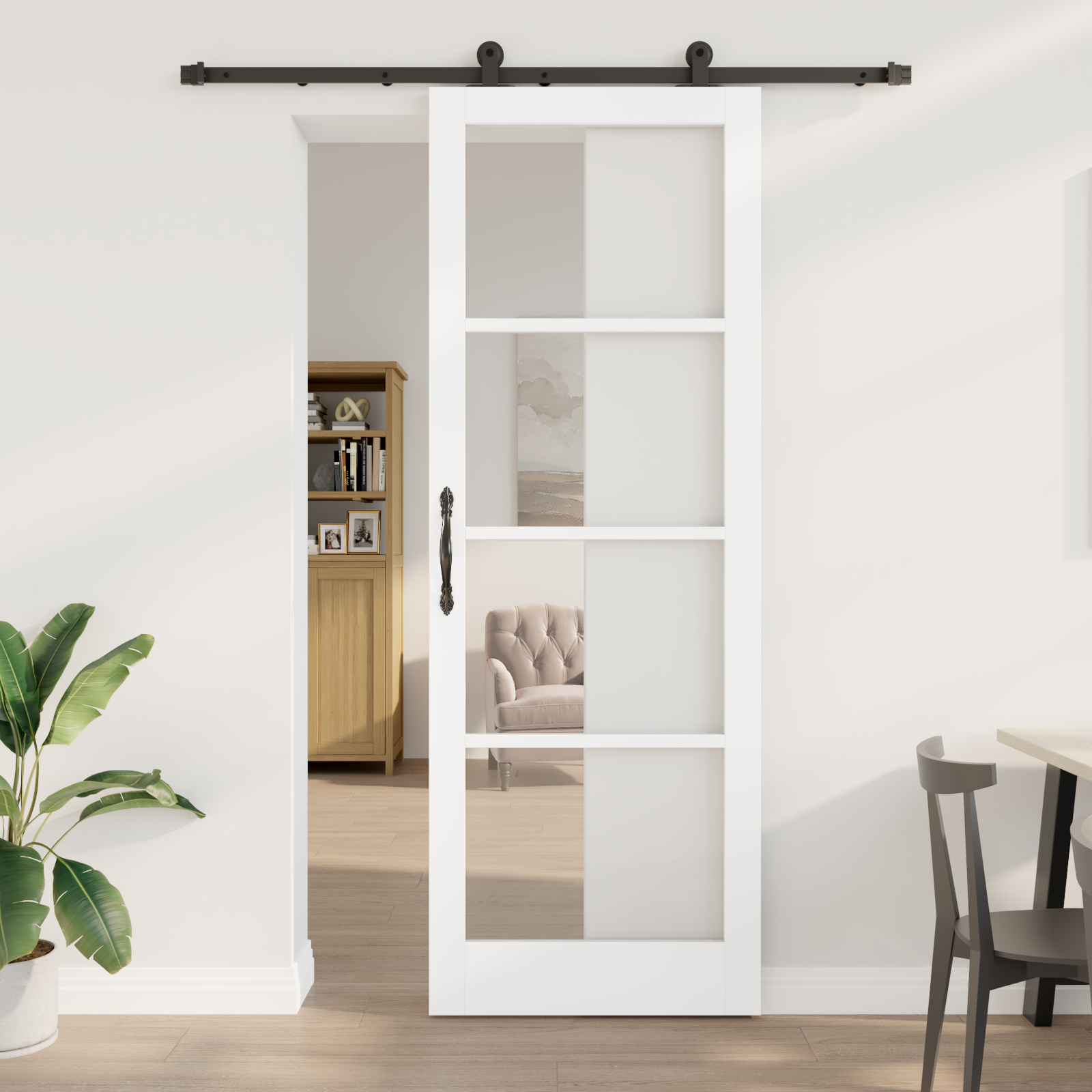 Sliding Door with Hardware Set 'ORKDAL'White Solid Wood & Glass