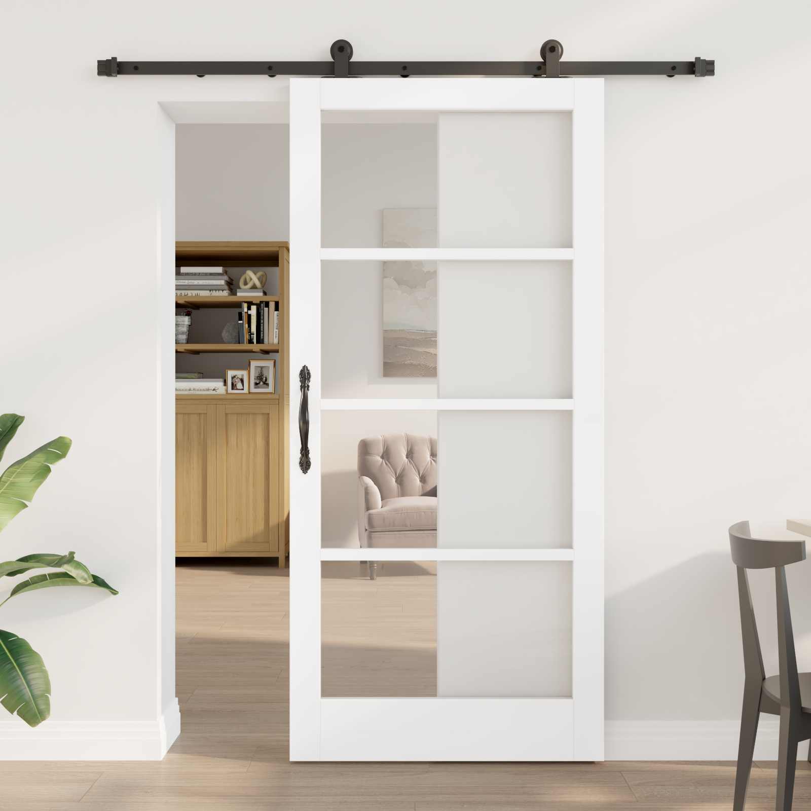 Sliding Door with Hardware Set 'ORKDAL'White Solid Wood & Glass
