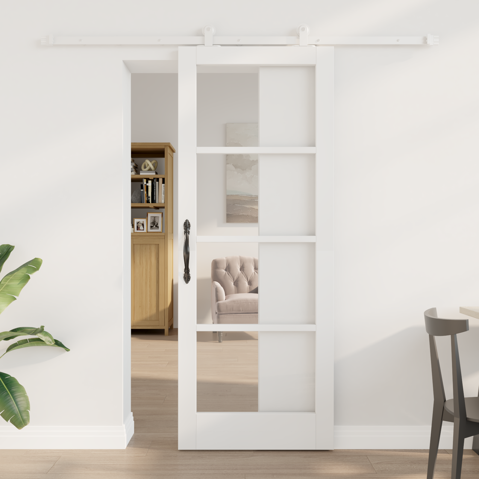 Sliding Door with Hardware Set 'ORKDAL'White Solid Wood & Glass