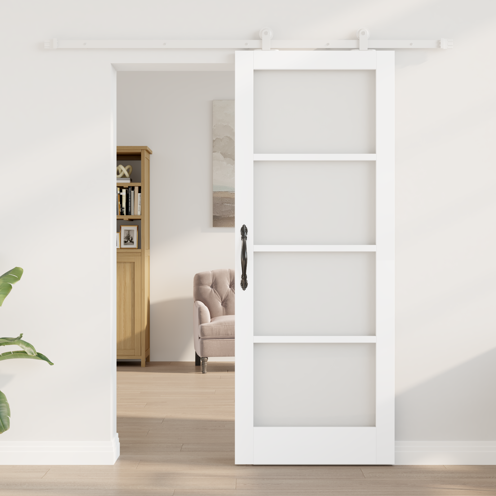 Sliding Door with Hardware Set 'ORKDAL'White Solid Wood & Glass - Image 3