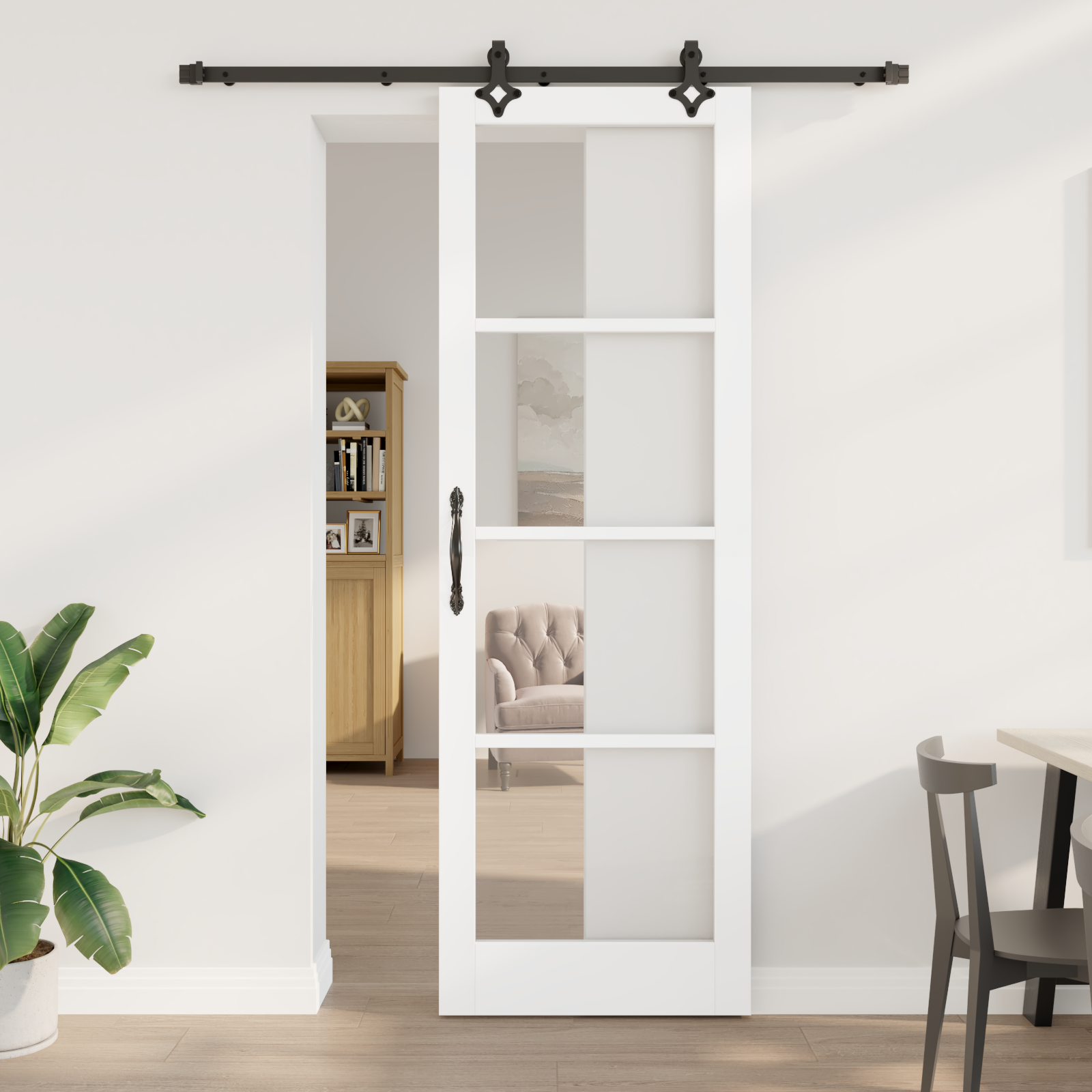 Sliding Door with Hardware Set "ORKDAL" White Solid Wood & Glass