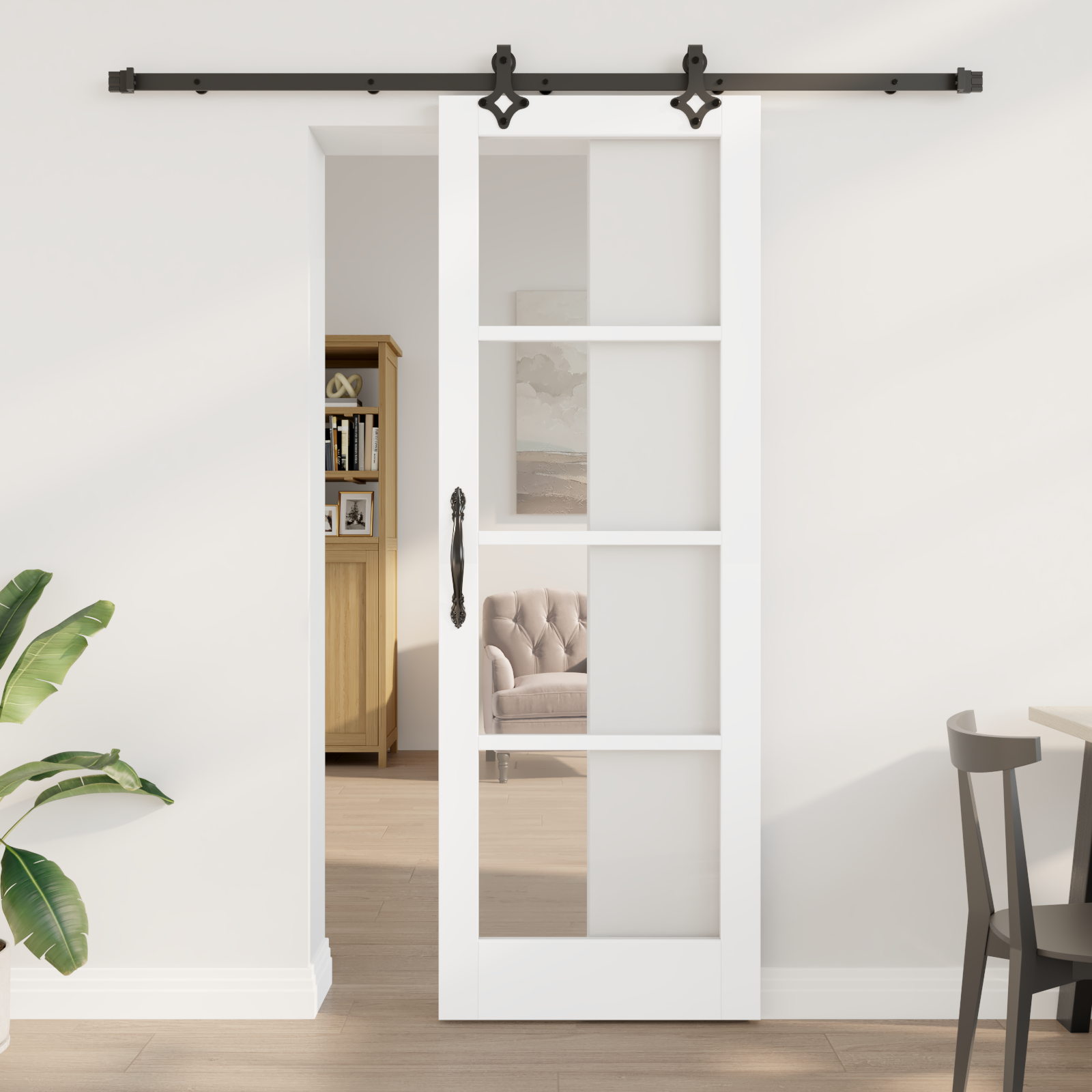 Sliding Door with Hardware Set 'ORKDAL'White Solid Wood & Glass