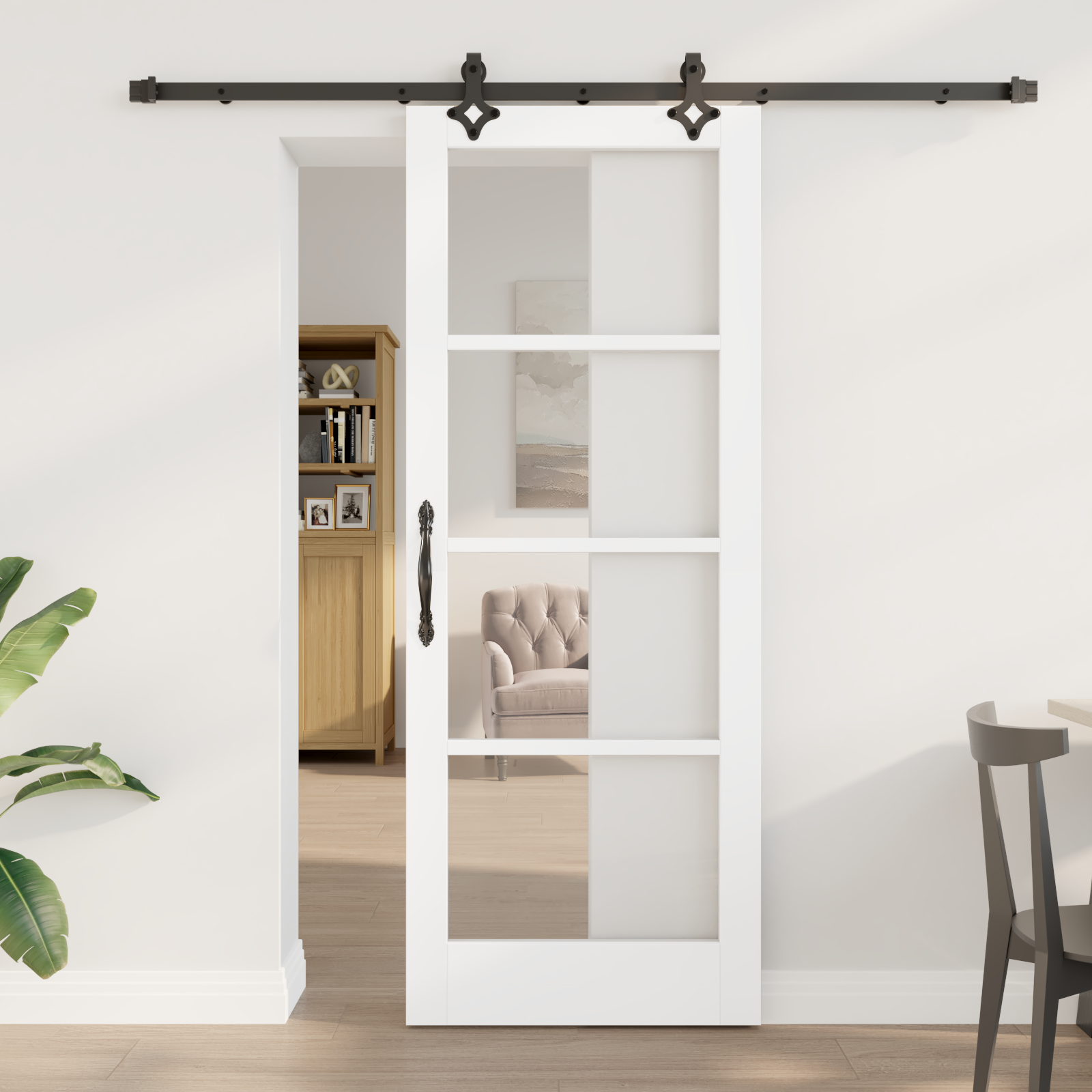 Sliding Door with Hardware Set 'ORKDAL'White Solid Wood & Glass