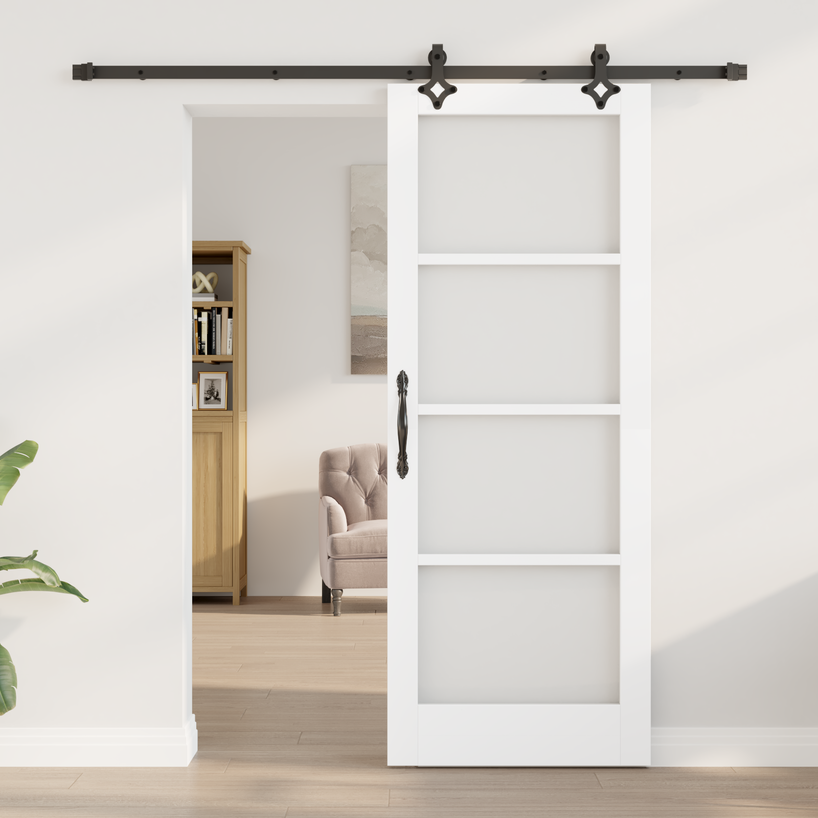 Sliding Door with Hardware Set 'ORKDAL'White Solid Wood & Glass - Image 3