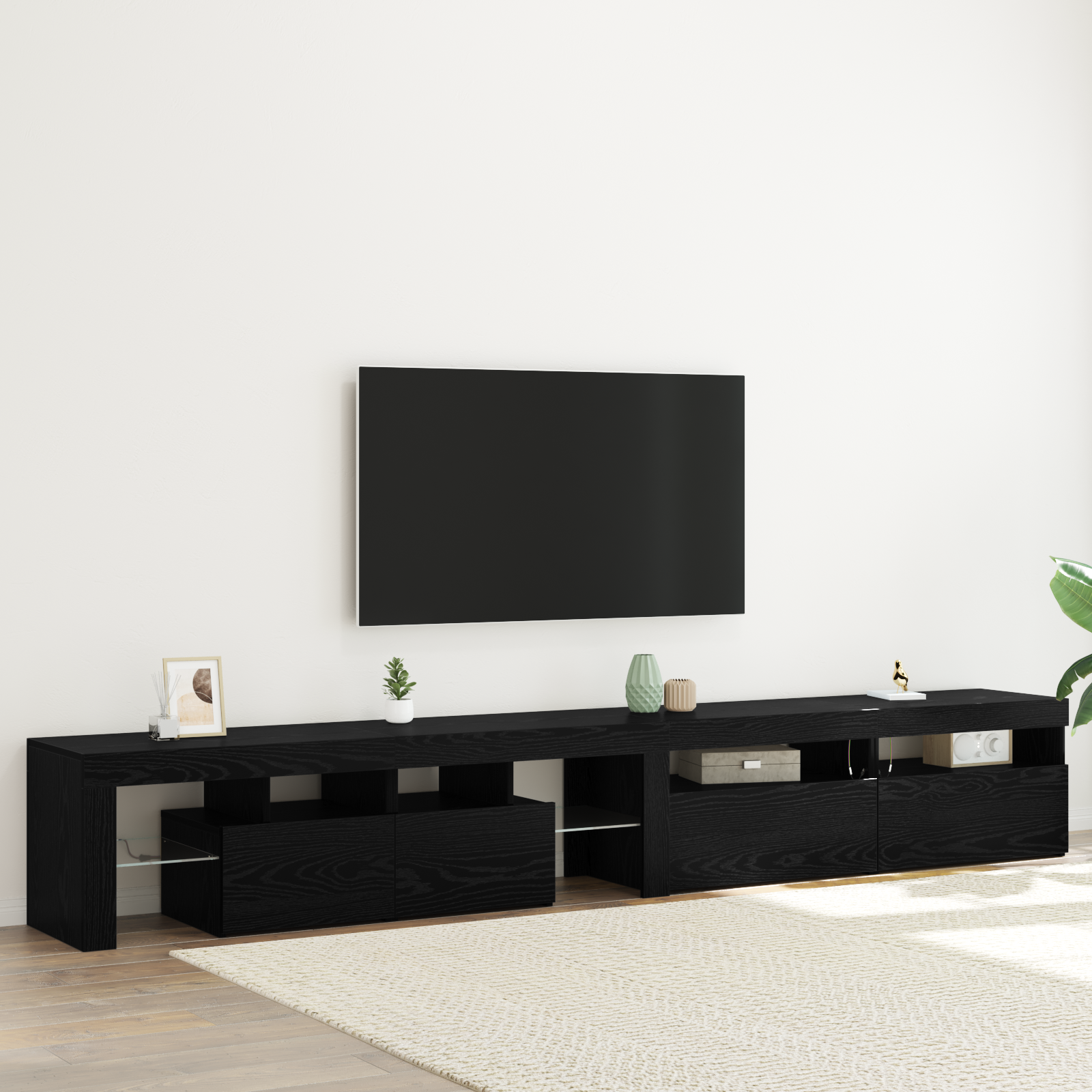 TV stovai 3 vnt su LED šviesomis juodas ąžuolas inžinerinis medis