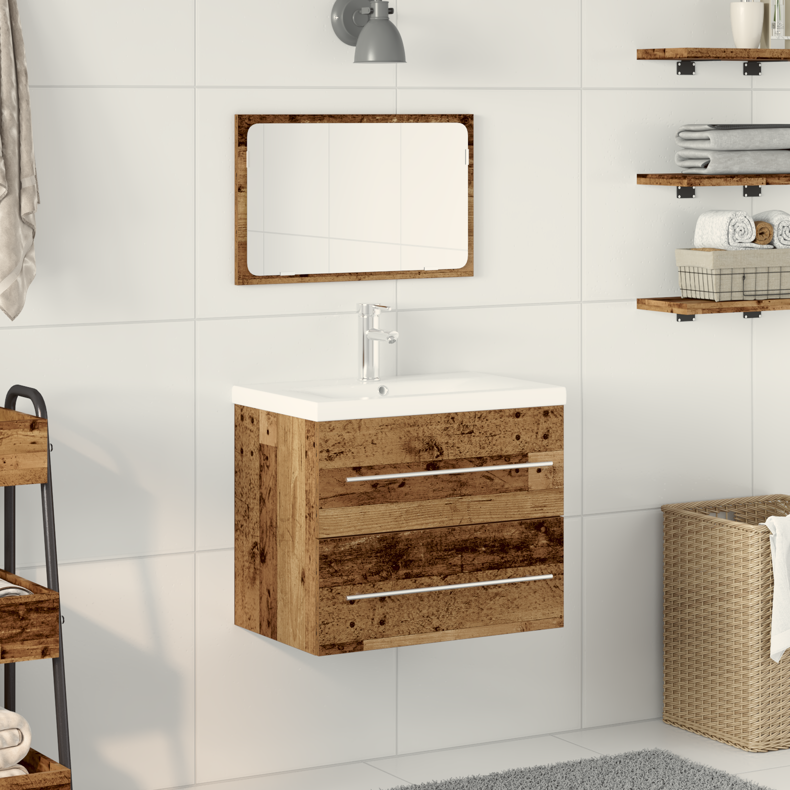 Bathroom Sink Cabinet with Built-in Basin Old Wood Engineered Wood