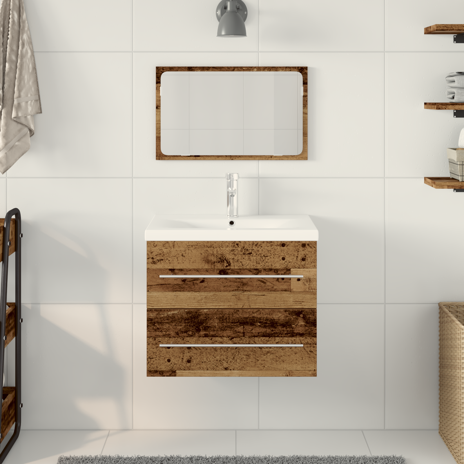 Bathroom Sink Cabinet with Built-in Basin Old Wood Engineered Wood - Image 4