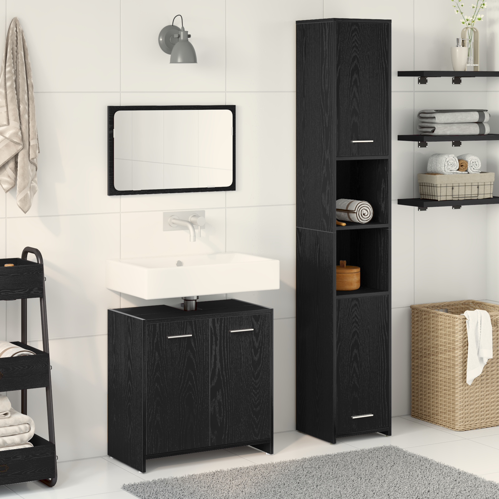3 Piece Bathroom Furniture Set Black Oak Engineered Wood