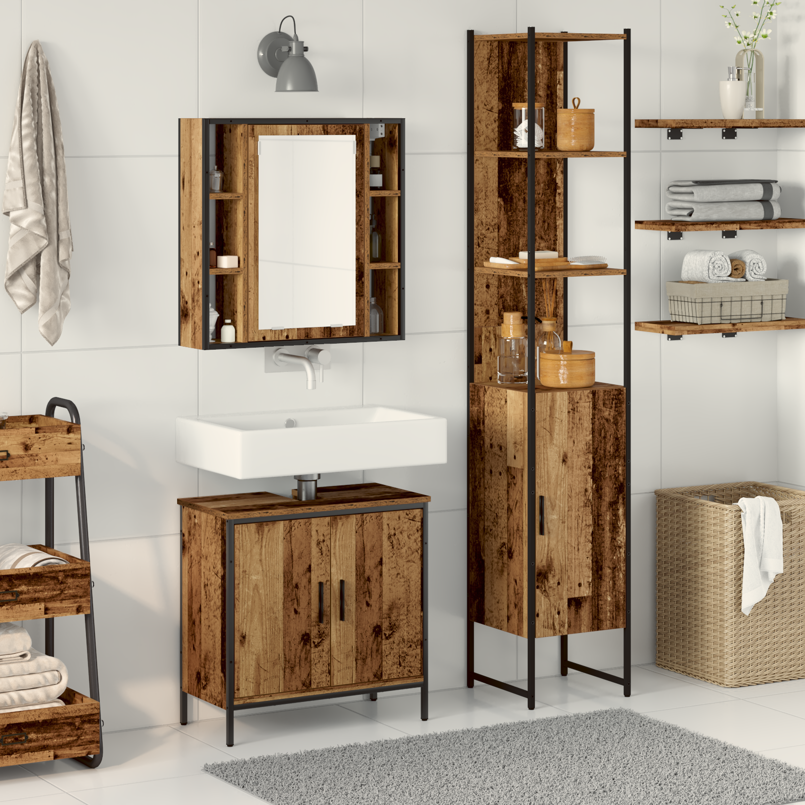 3 Piece Bathroom Furniture Set in Old Wood Engineered Wood